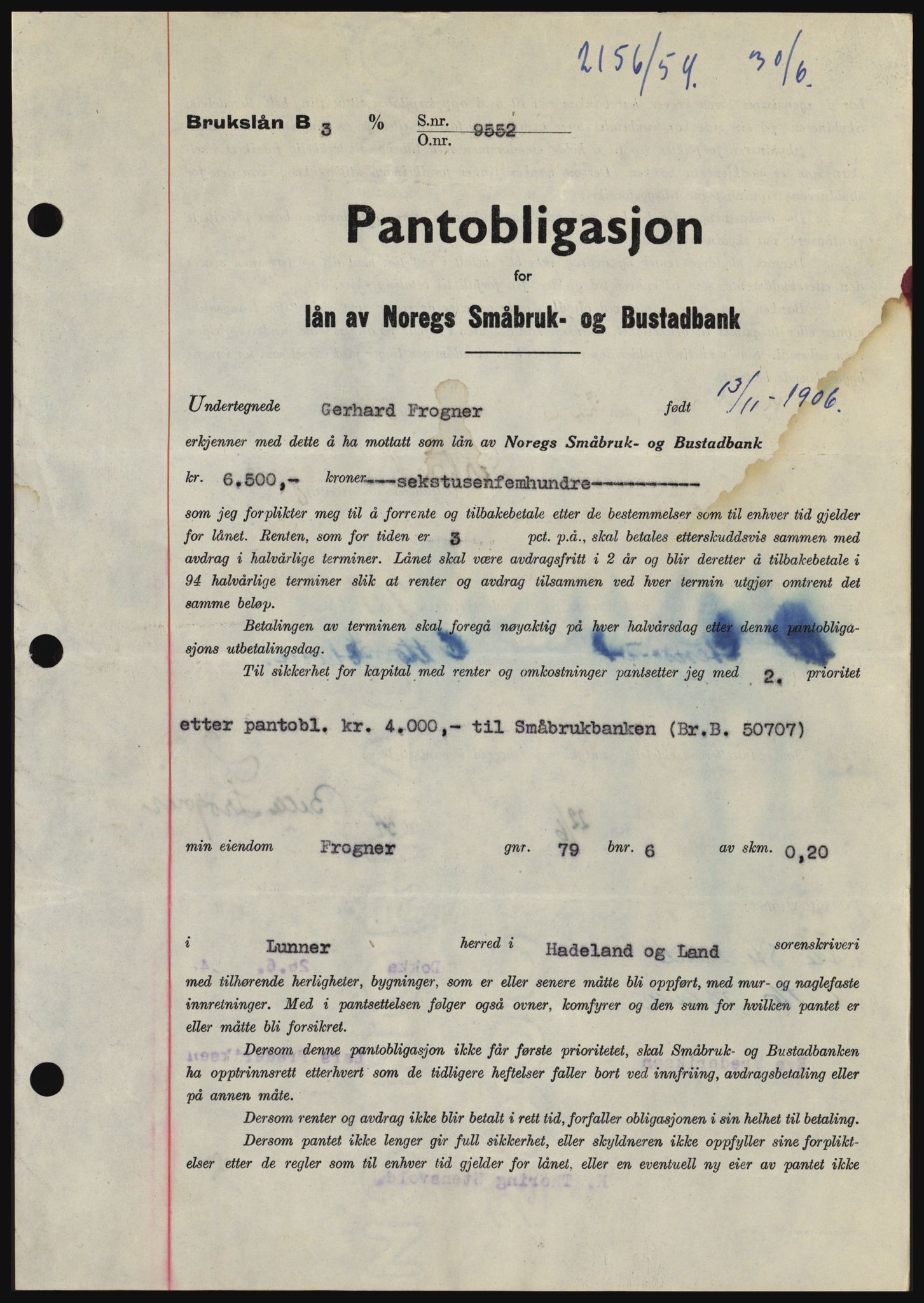 Hadeland og Land tingrett, SAH/TING-010/H/Hb/Hbc/L0030: Pantebok nr. B30, 1954-1954, Dagboknr: 2186/1954