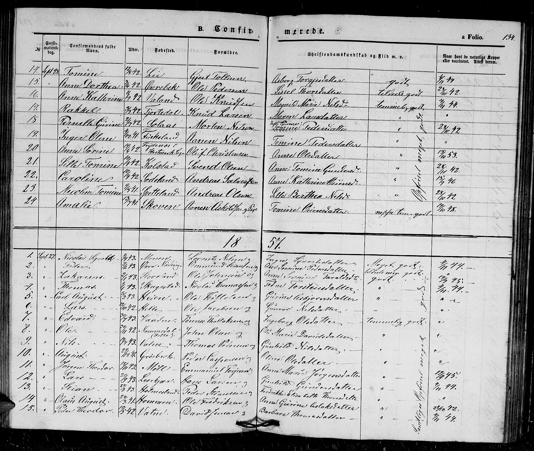 Holum sokneprestkontor, AV/SAK-1111-0022/F/Fb/Fba/L0003: Klokkerbok nr. B 3, 1850-1866, s. 134