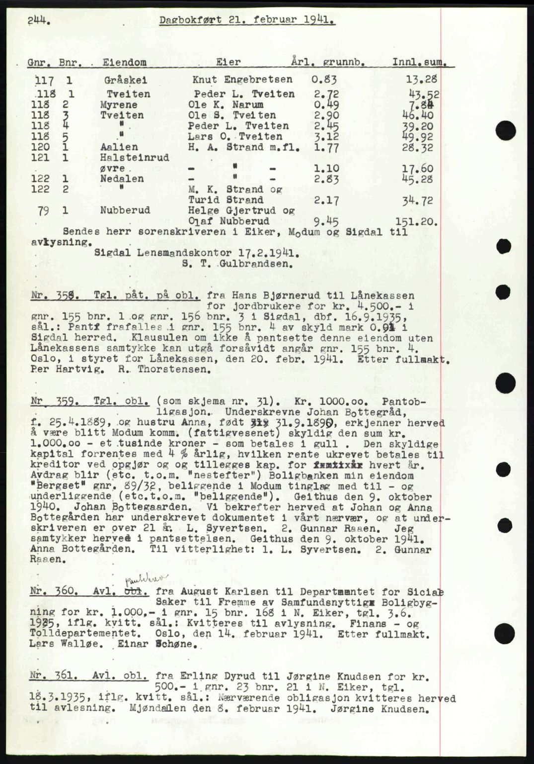 Eiker, Modum og Sigdal sorenskriveri, SAKO/A-123/G/Ga/Gab/L0043: Pantebok nr. A13, 1940-1941, Dagboknr: 358/1941