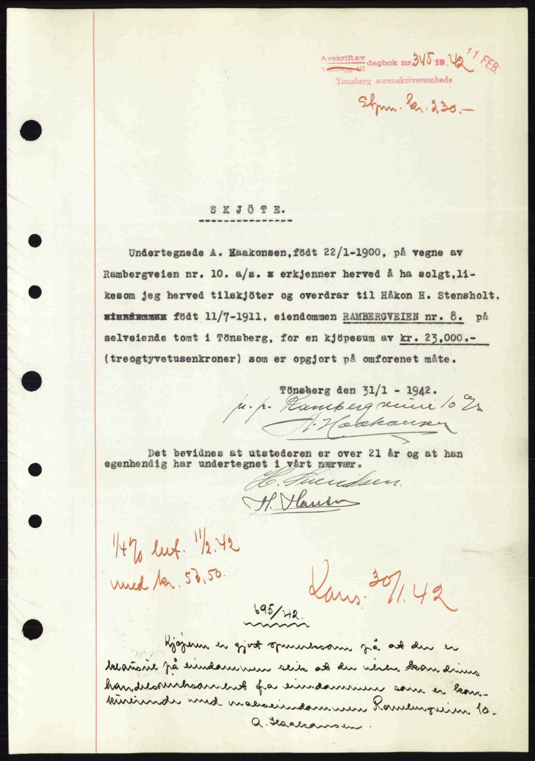 Tønsberg sorenskriveri, AV/SAKO-A-130/G/Ga/Gaa/L0011: Pantebok nr. A11, 1941-1942, Dagboknr: 345/1942