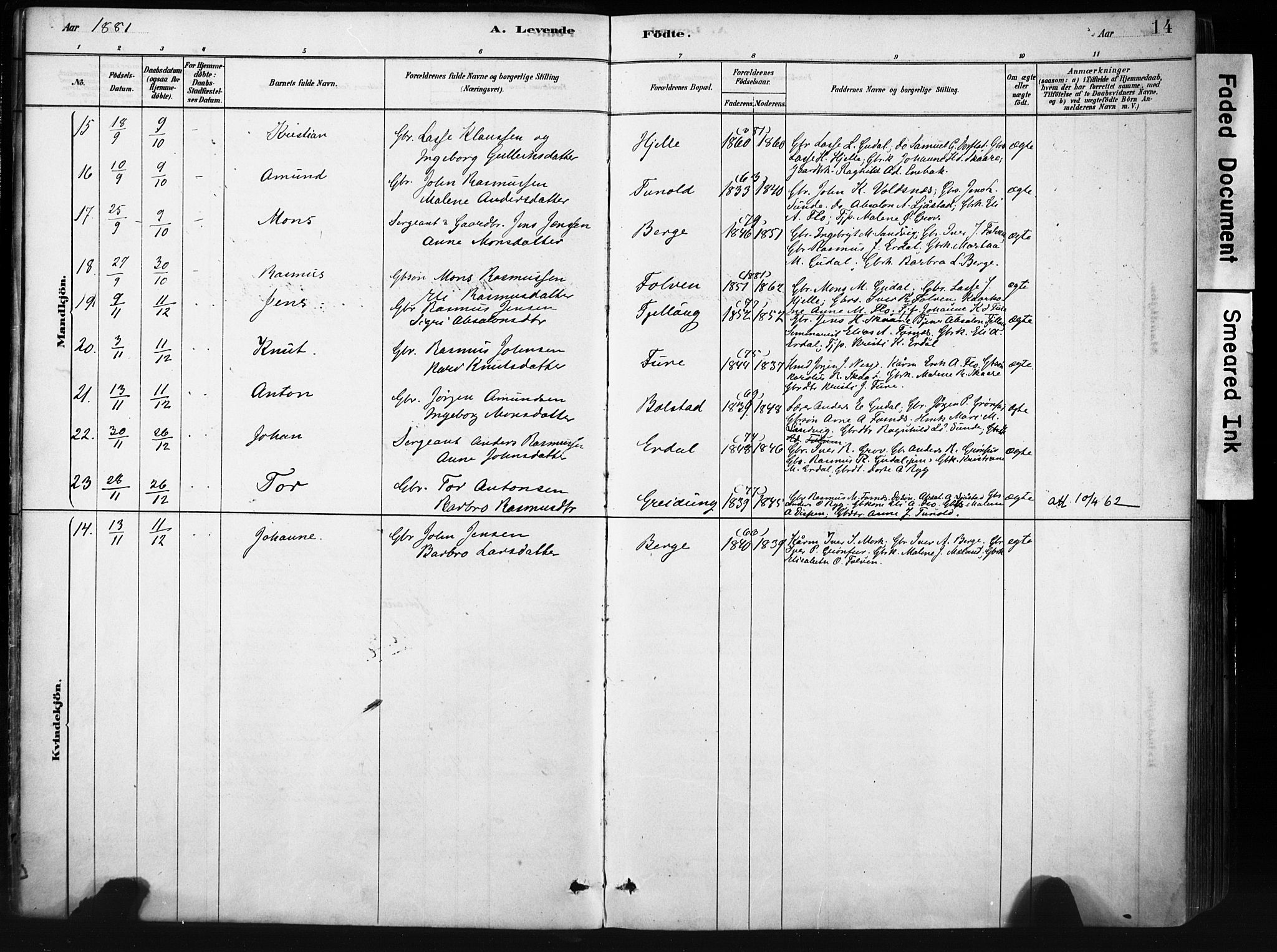 Stryn Sokneprestembete, AV/SAB-A-82501: Ministerialbok nr. D 1, 1878-1907, s. 14
