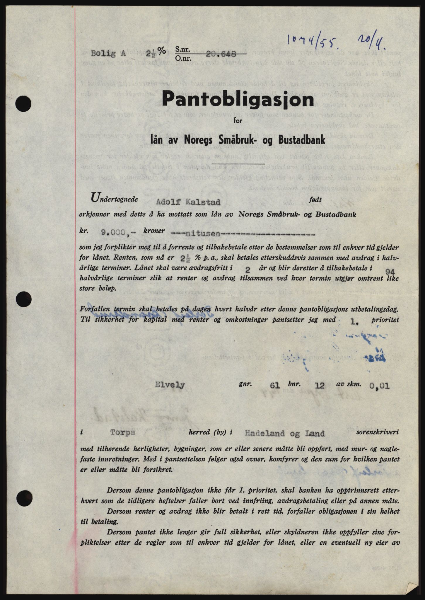 Hadeland og Land tingrett, SAH/TING-010/H/Hb/Hbc/L0032: Pantebok nr. B32, 1955-1955, Dagboknr: 1074/1955