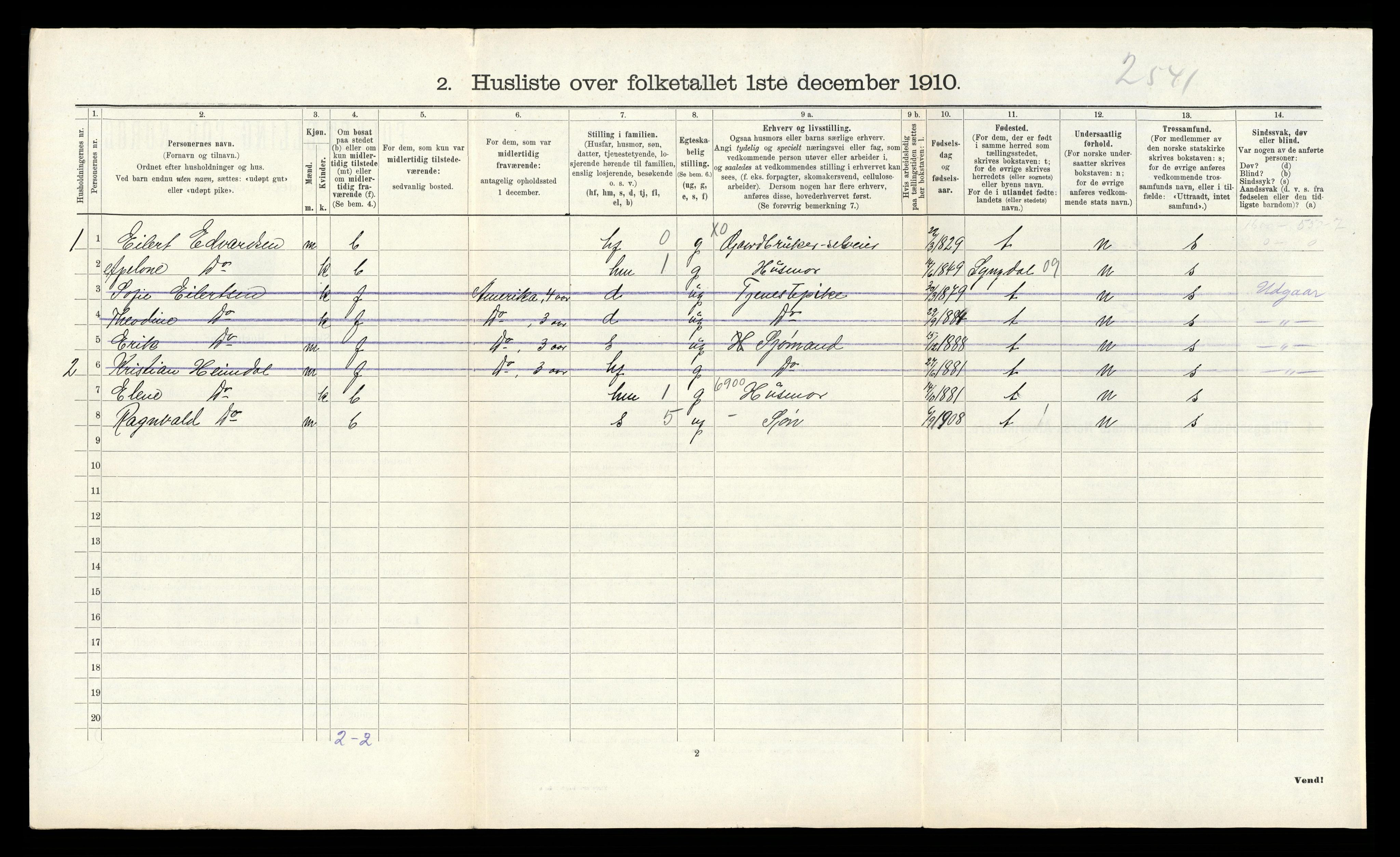 RA, Folketelling 1910 for 1029 Sør-Audnedal herred, 1910, s. 492