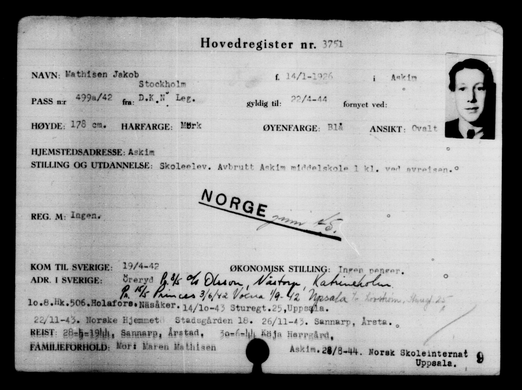 Utenriksstasjonene, Legasjonen i Stockholm, Flyktningkontoret, AV/RA-S-6753/V/Va/L0004: Kjesäterkartoteket, flyktninger med registreringsnr. 3496-6610, 1940-1945, s. 296
