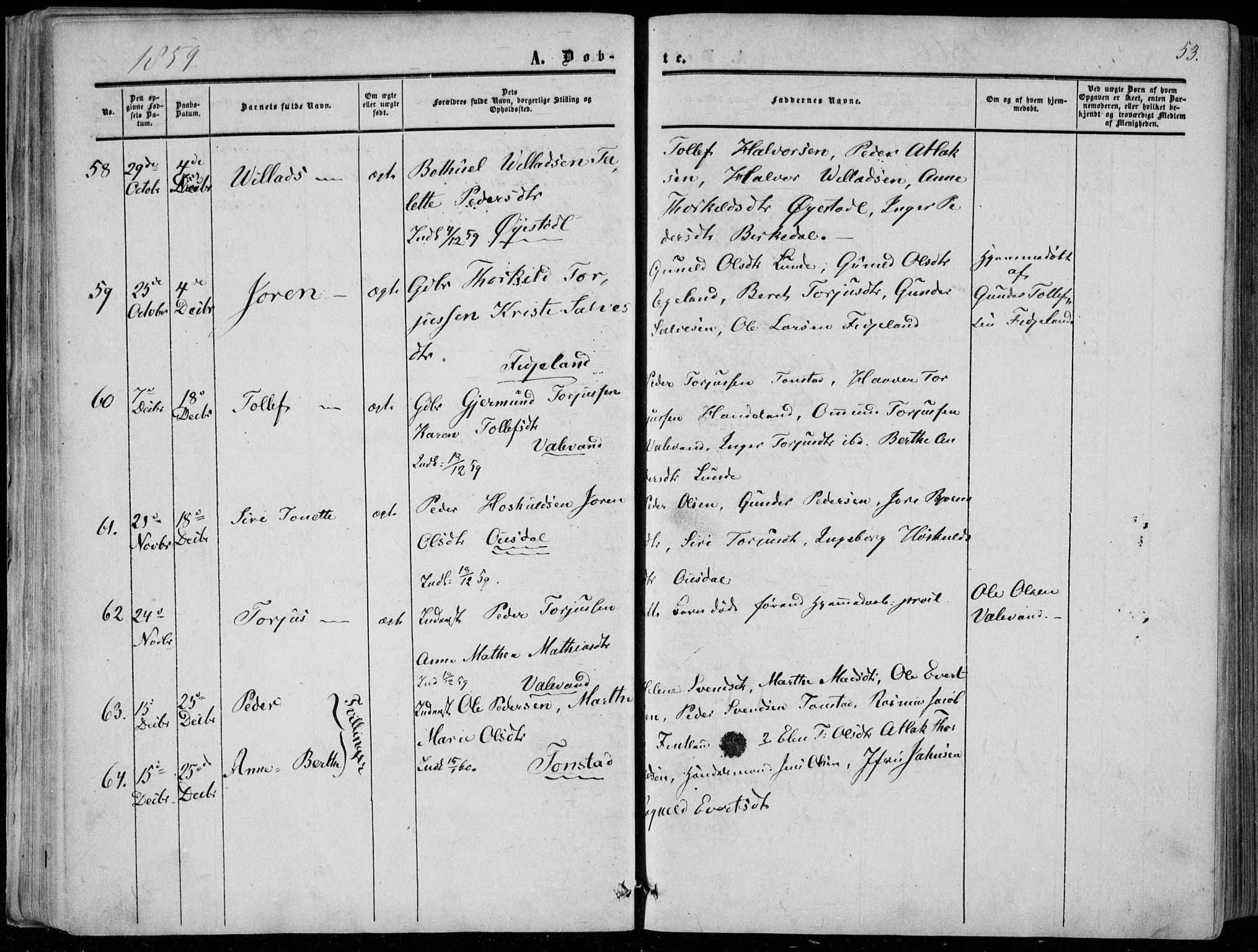 Sirdal sokneprestkontor, AV/SAK-1111-0036/F/Fa/Fab/L0002: Ministerialbok nr. A 2, 1855-1874, s. 53