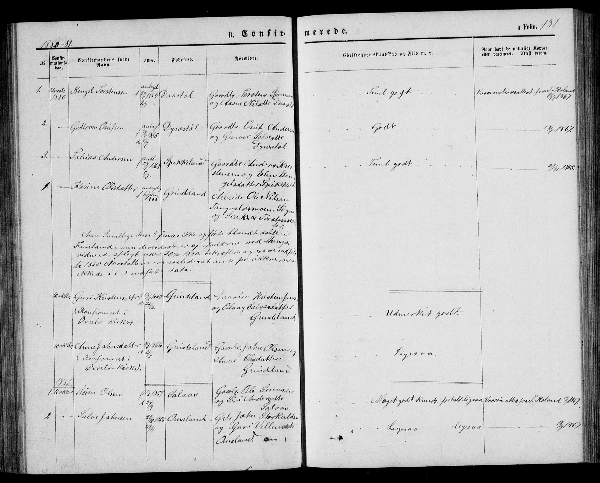 Bjelland sokneprestkontor, SAK/1111-0005/F/Fb/Fbb/L0004: Klokkerbok nr. B 4, 1867-1887, s. 131