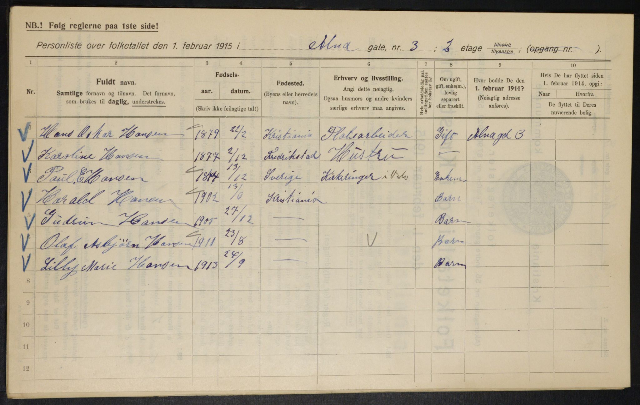 OBA, Kommunal folketelling 1.2.1915 for Kristiania, 1915, s. 1127