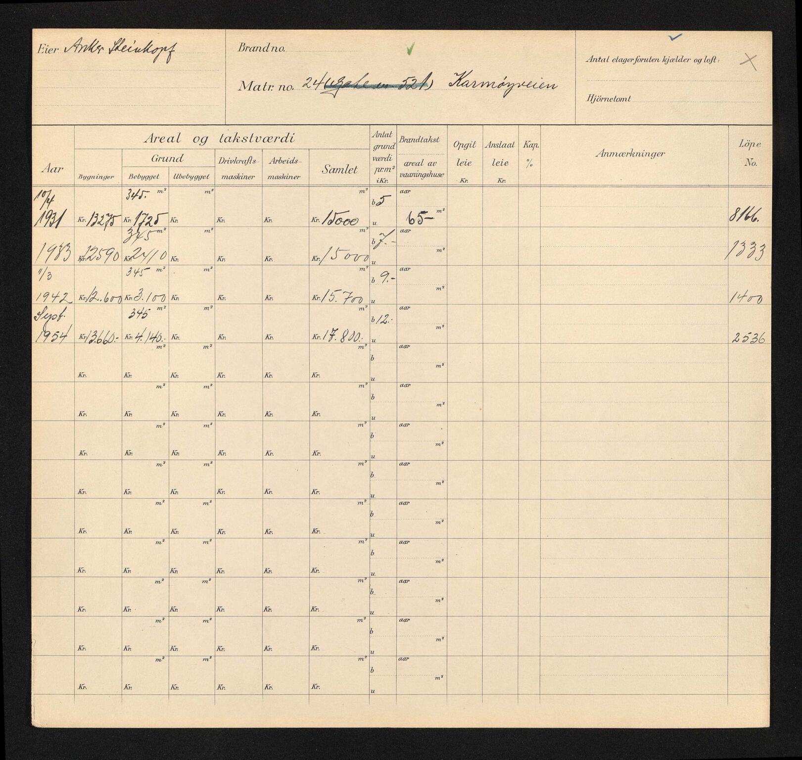 Stavanger kommune. Skattetakstvesenet, BYST/A-0440/F/Fa/Faa/L0024/0006: Skattetakstkort / Karmøyveien 23 - Kirkebakken 11