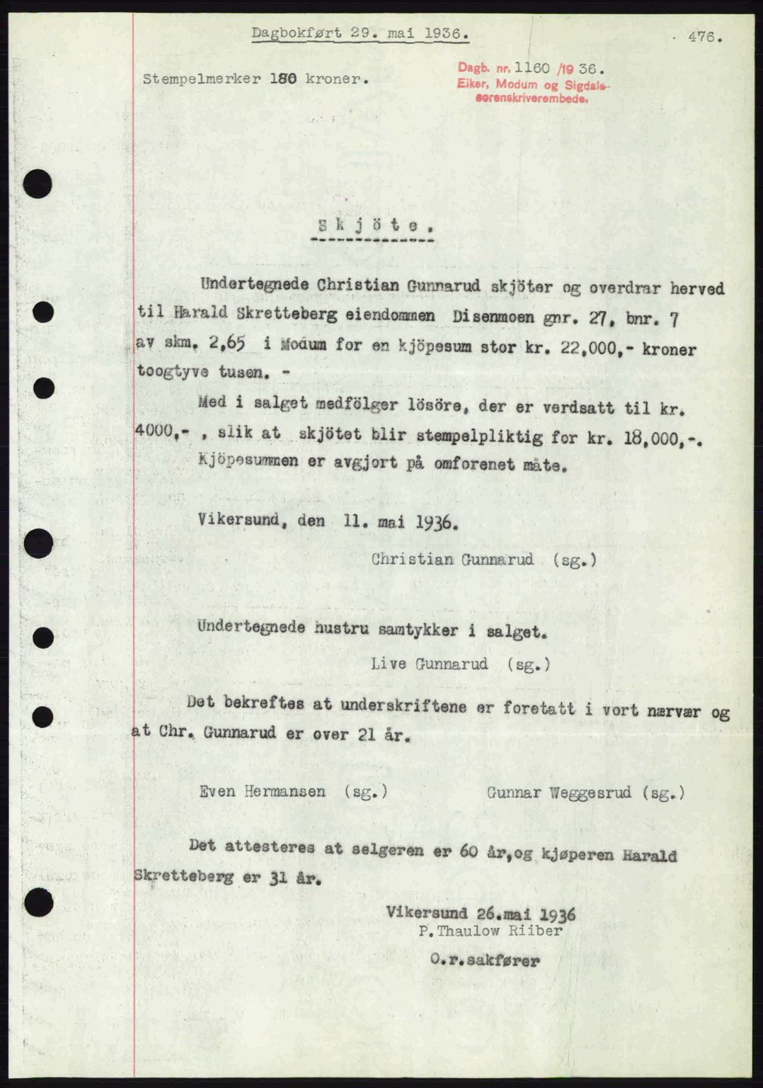 Eiker, Modum og Sigdal sorenskriveri, SAKO/A-123/G/Ga/Gab/L0032: Pantebok nr. A2, 1936-1936, Dagboknr: 1160/1936