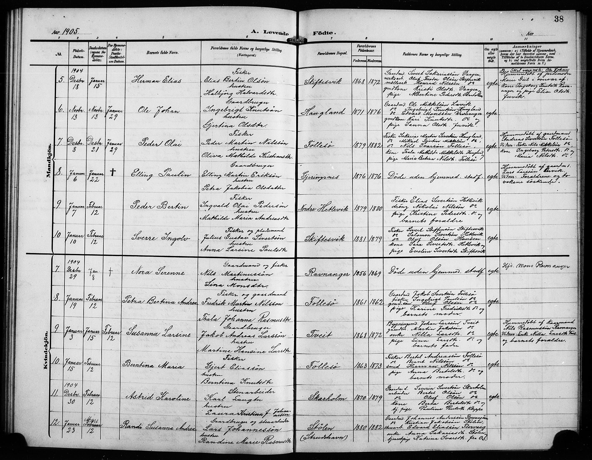 Askøy Sokneprestembete, AV/SAB-A-74101/H/Ha/Hab/Haba/L0010: Klokkerbok nr. A 10, 1903-1907, s. 38