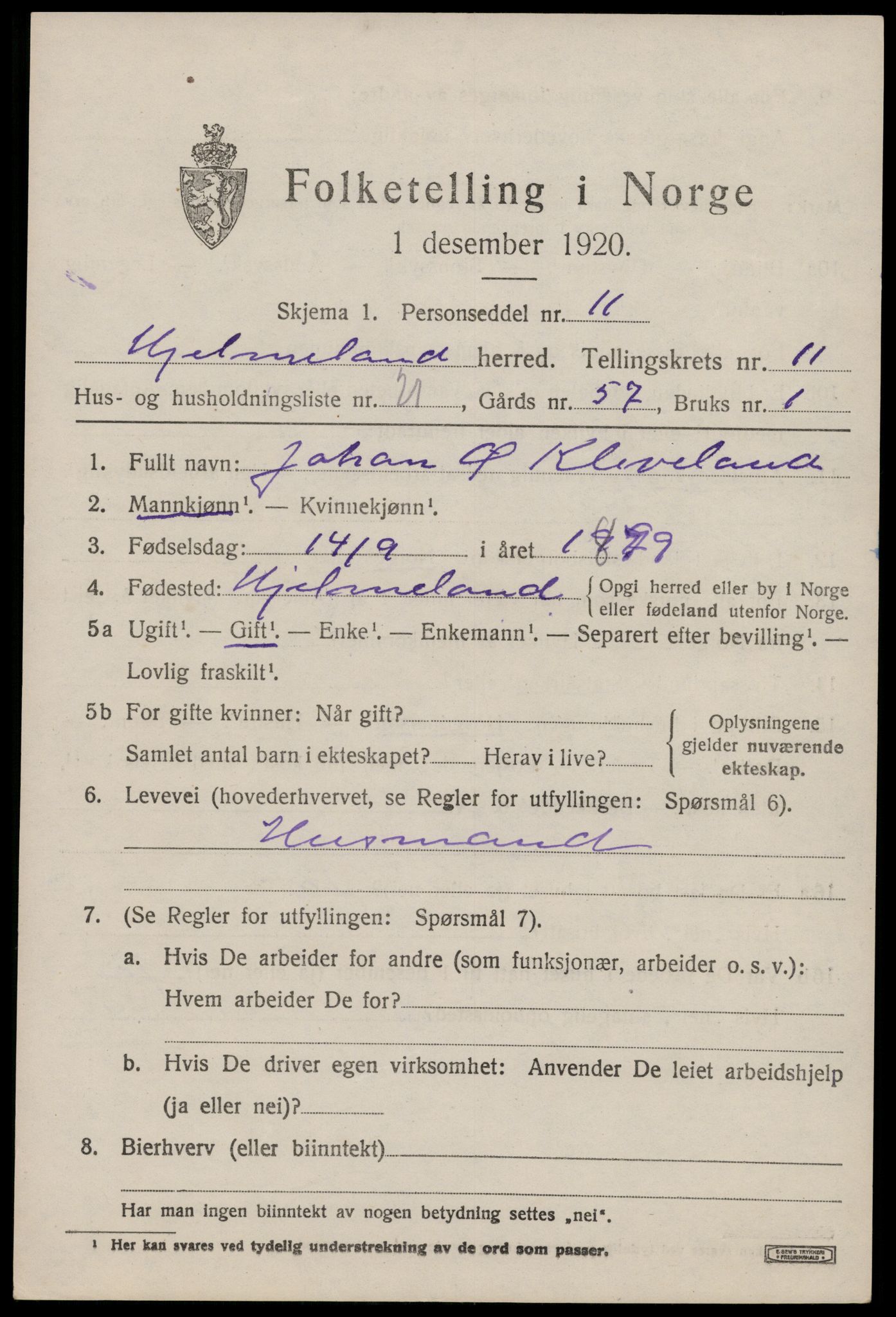 SAST, Folketelling 1920 for 1133 Hjelmeland herred, 1920, s. 3627