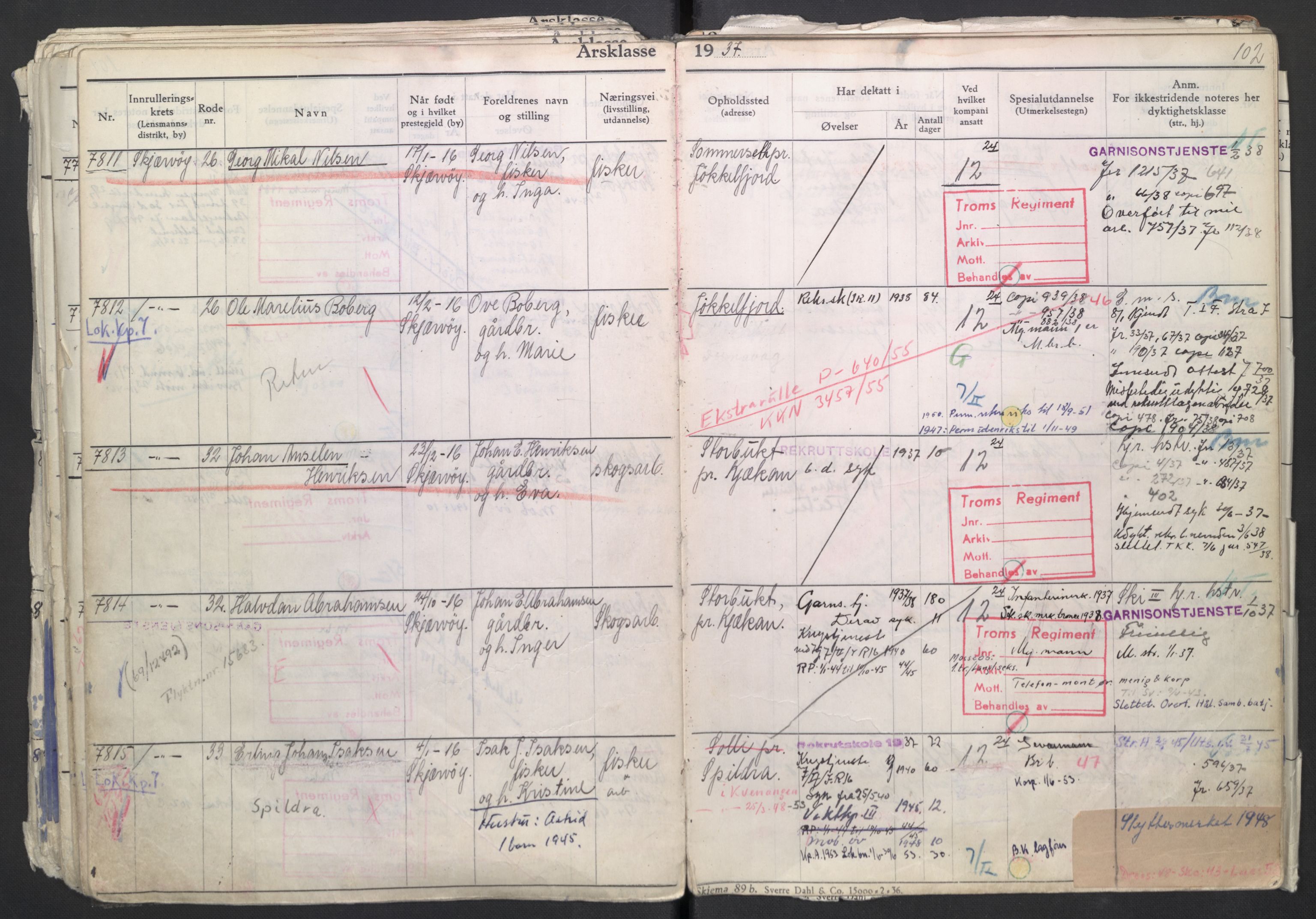 Forsvaret, Troms infanteriregiment nr. 16, AV/RA-RAFA-3146/P/Pa/L0007/0002: Ruller / Rulle for regimentets menige mannskaper, årsklasse 1937, 1937, s. 102