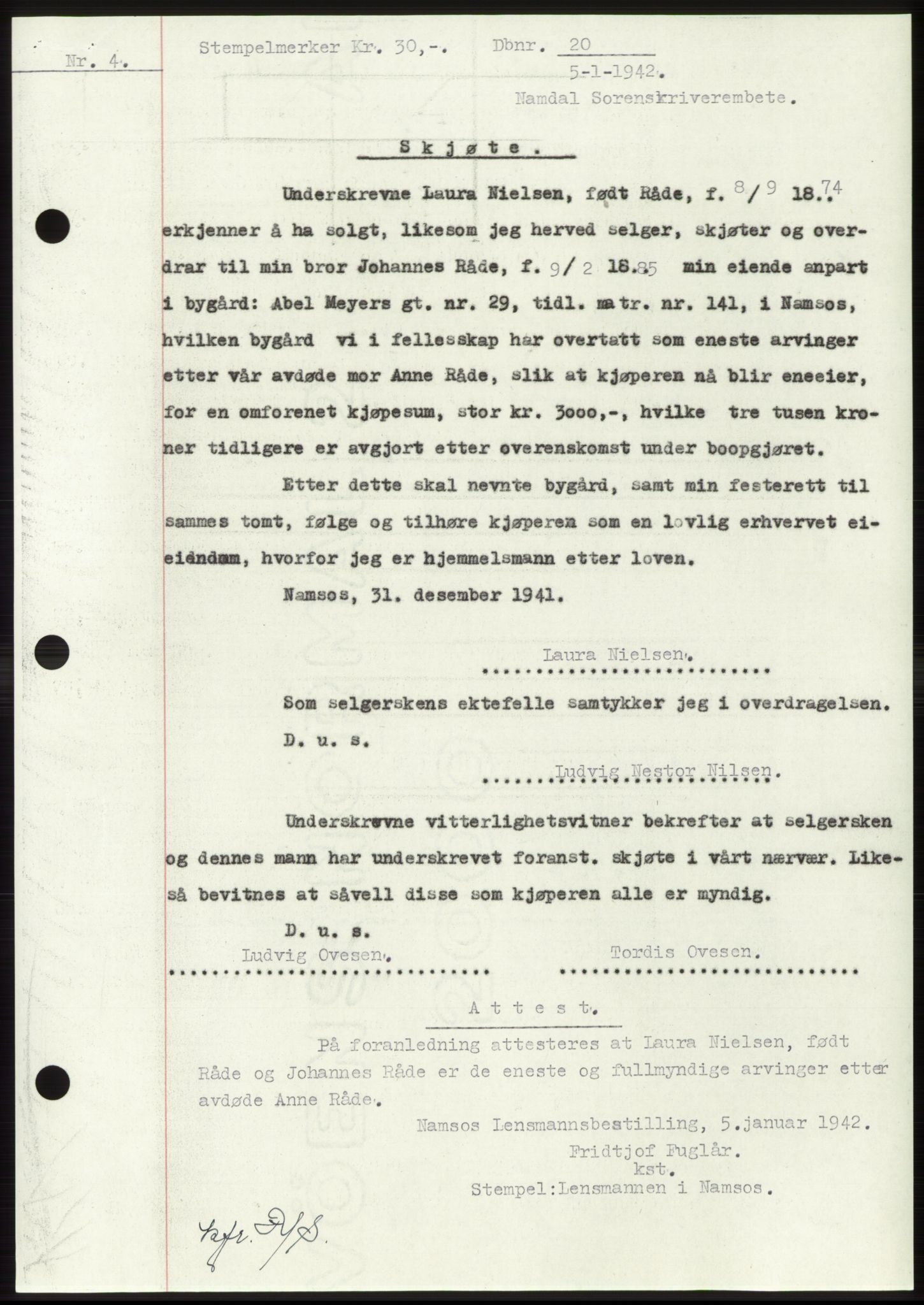 Namdal sorenskriveri, SAT/A-4133/1/2/2C: Pantebok nr. -, 1941-1942, Dagboknr: 20/1942