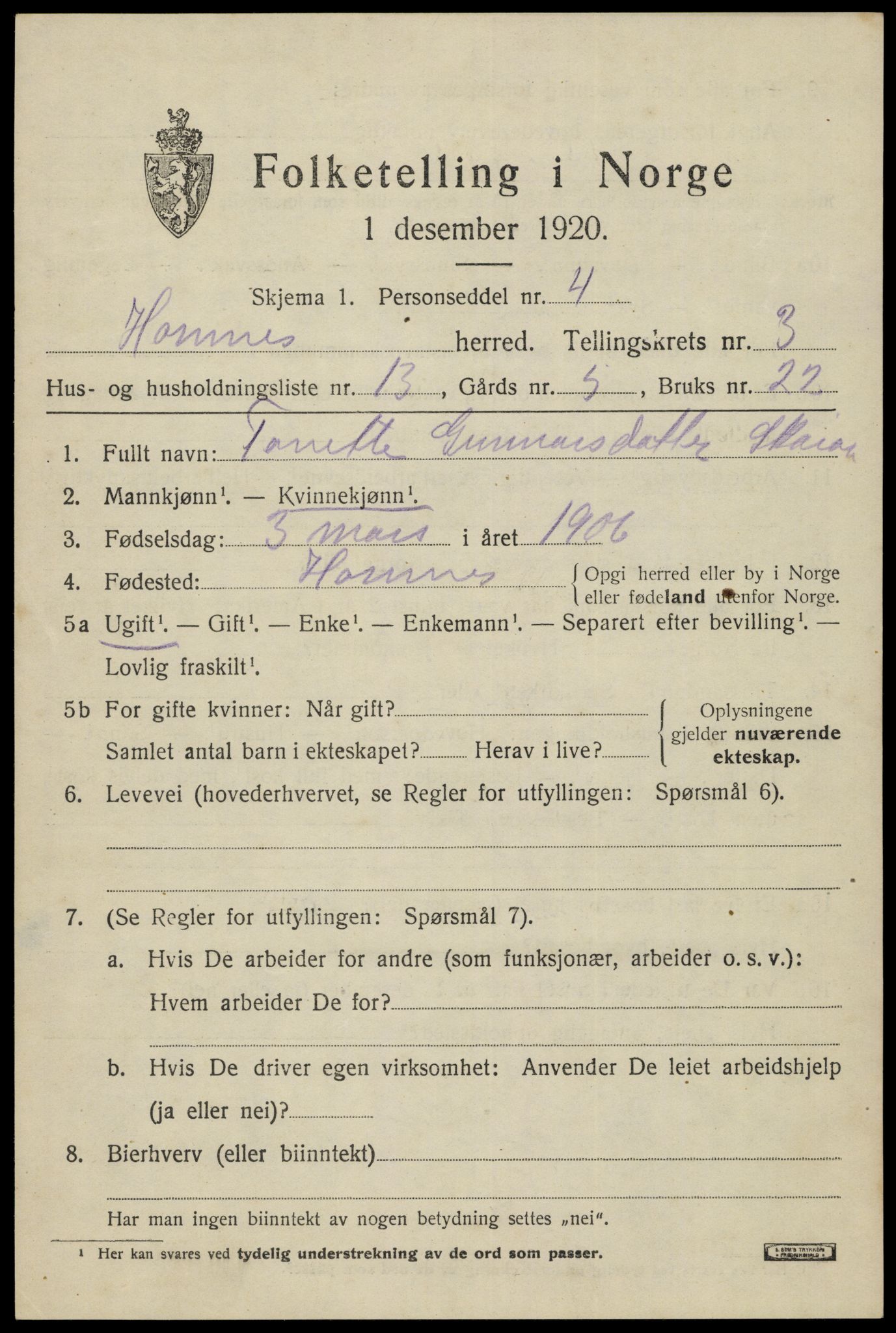 SAK, Folketelling 1920 for 0936 Hornnes herred, 1920, s. 949
