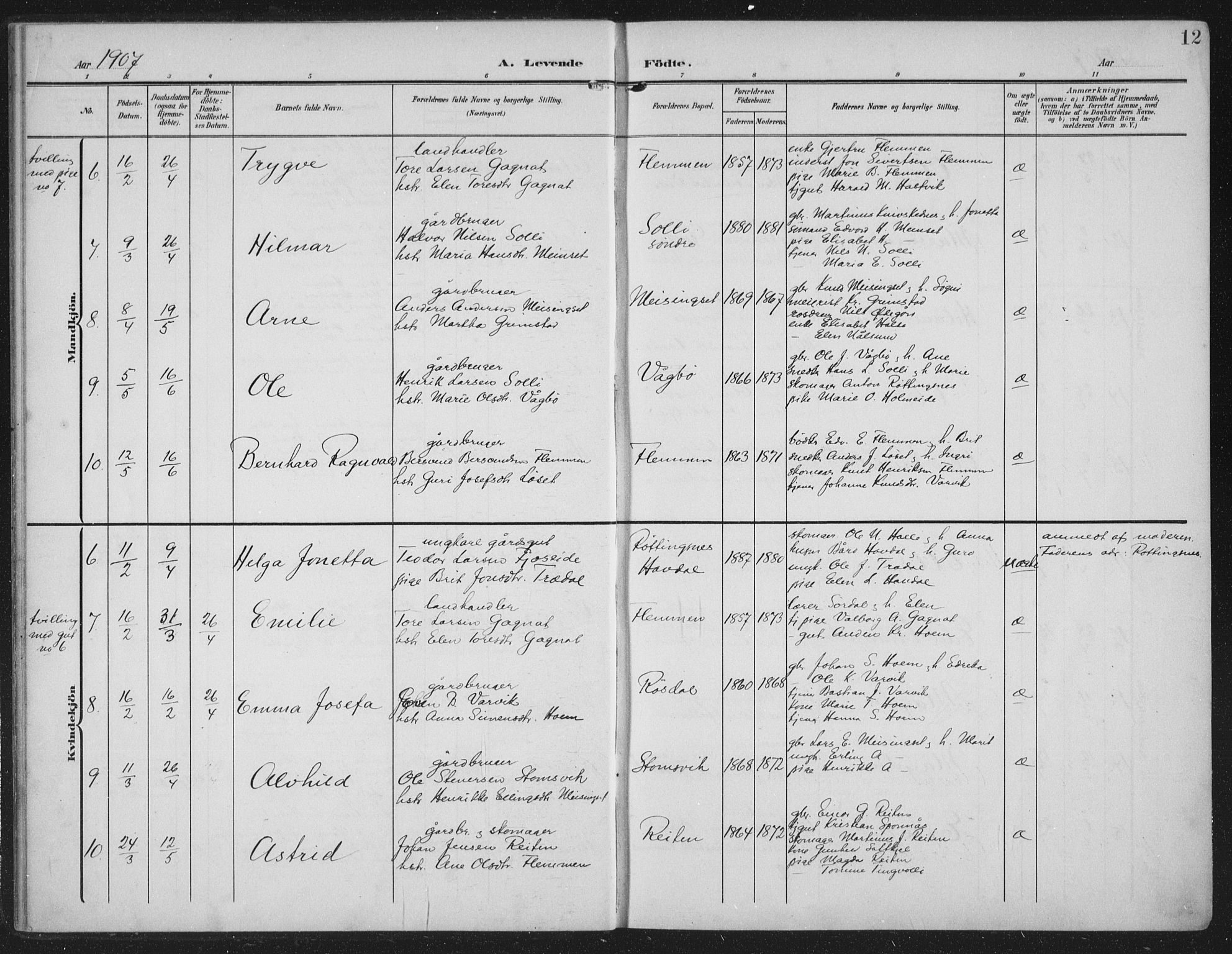 Ministerialprotokoller, klokkerbøker og fødselsregistre - Møre og Romsdal, AV/SAT-A-1454/586/L0989: Ministerialbok nr. 586A15, 1906-1915, s. 12