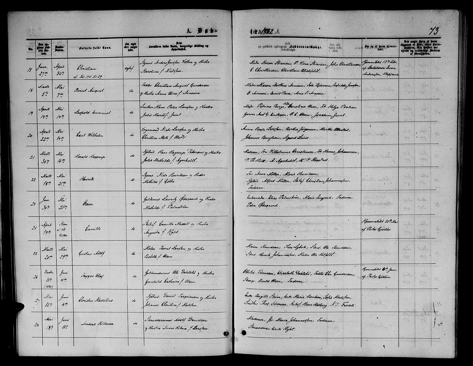Arendal sokneprestkontor, Trefoldighet, SAK/1111-0040/F/Fb/L0005: Klokkerbok nr. B 5, 1874-1888, s. 73