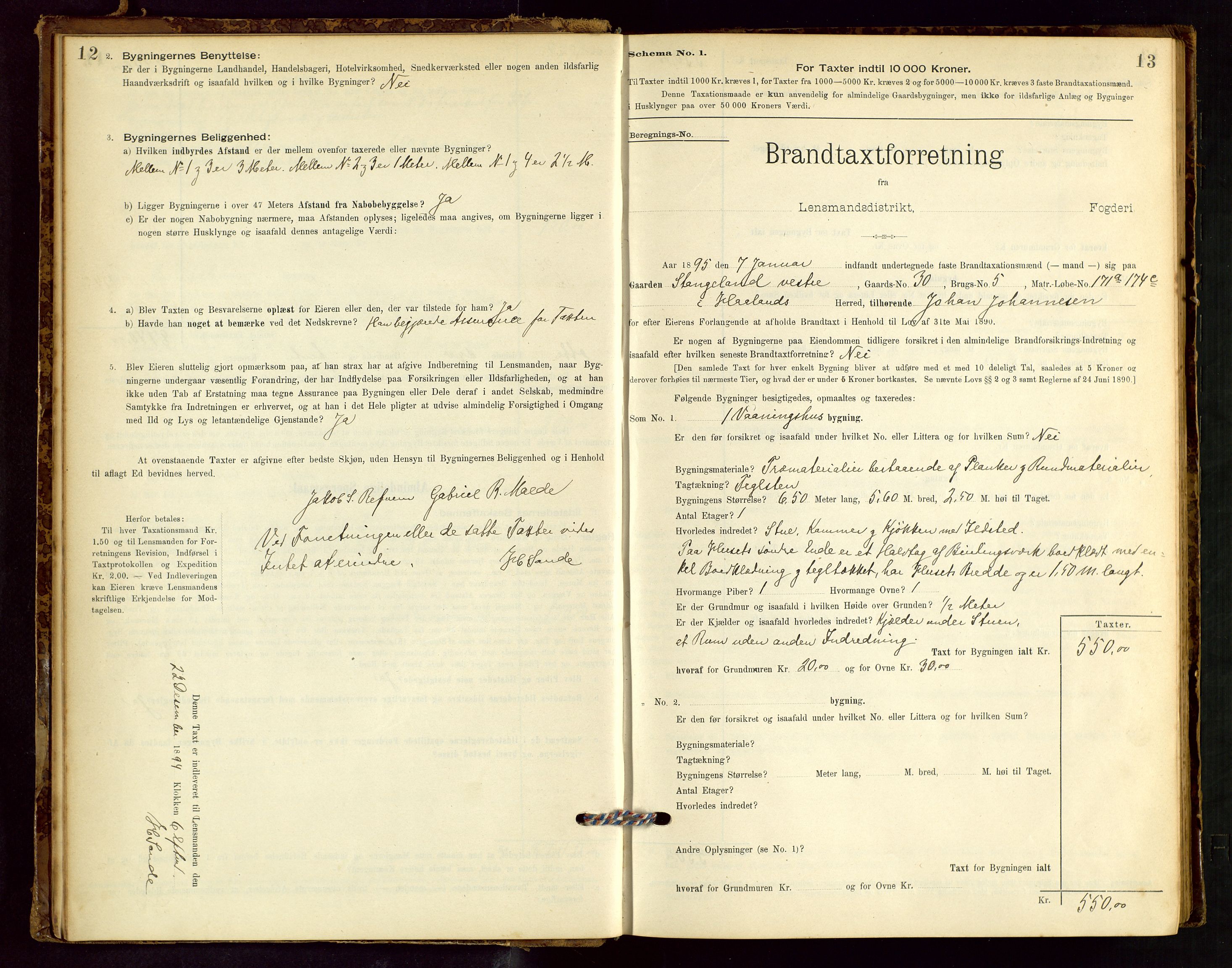 Håland lensmannskontor, SAST/A-100100/Gob/L0001: Branntakstprotokoll - skjematakst. Register i boken., 1894-1902, s. 12-13