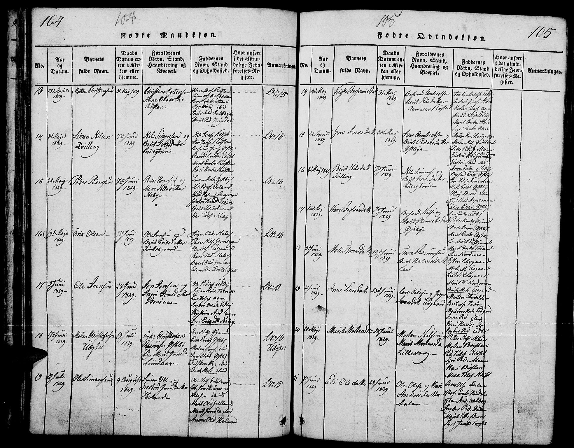 Tynset prestekontor, SAH/PREST-058/H/Ha/Hab/L0001: Klokkerbok nr. 1, 1814-1859, s. 104-105