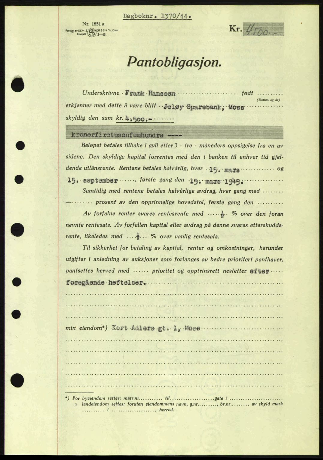 Moss sorenskriveri, SAO/A-10168: Pantebok nr. B13, 1943-1945, Dagboknr: 1370/1944