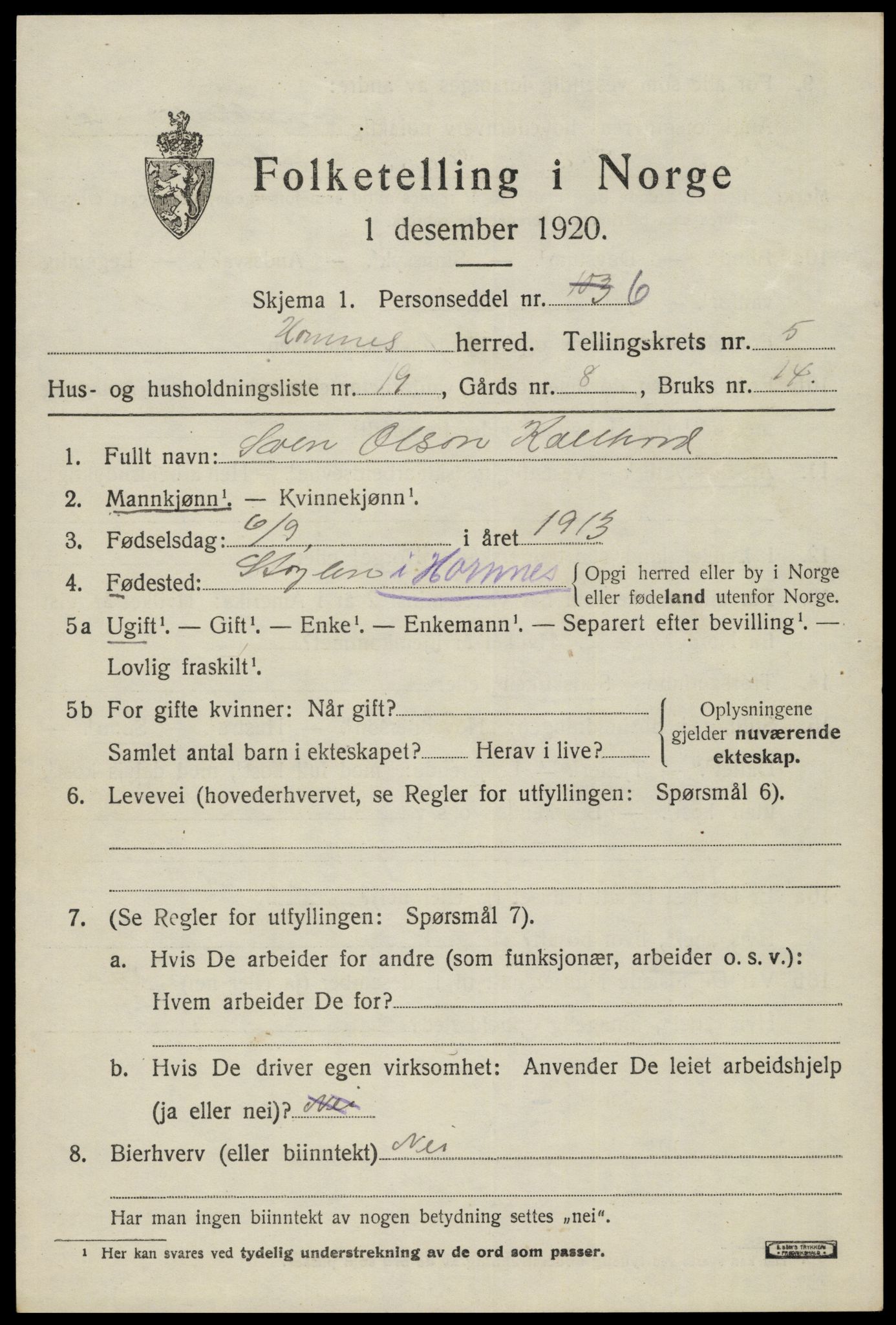SAK, Folketelling 1920 for 0936 Hornnes herred, 1920, s. 1539