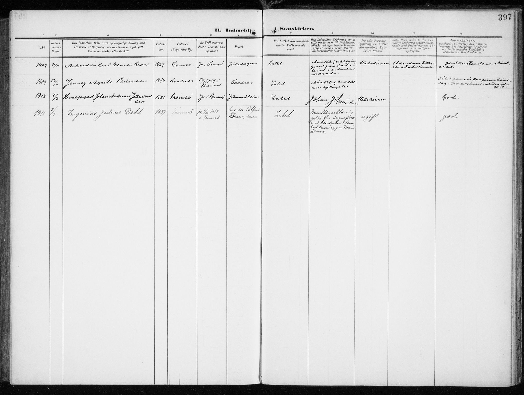 Tromsøysund sokneprestkontor, SATØ/S-1304/G/Ga/L0007kirke: Ministerialbok nr. 7, 1907-1914, s. 397