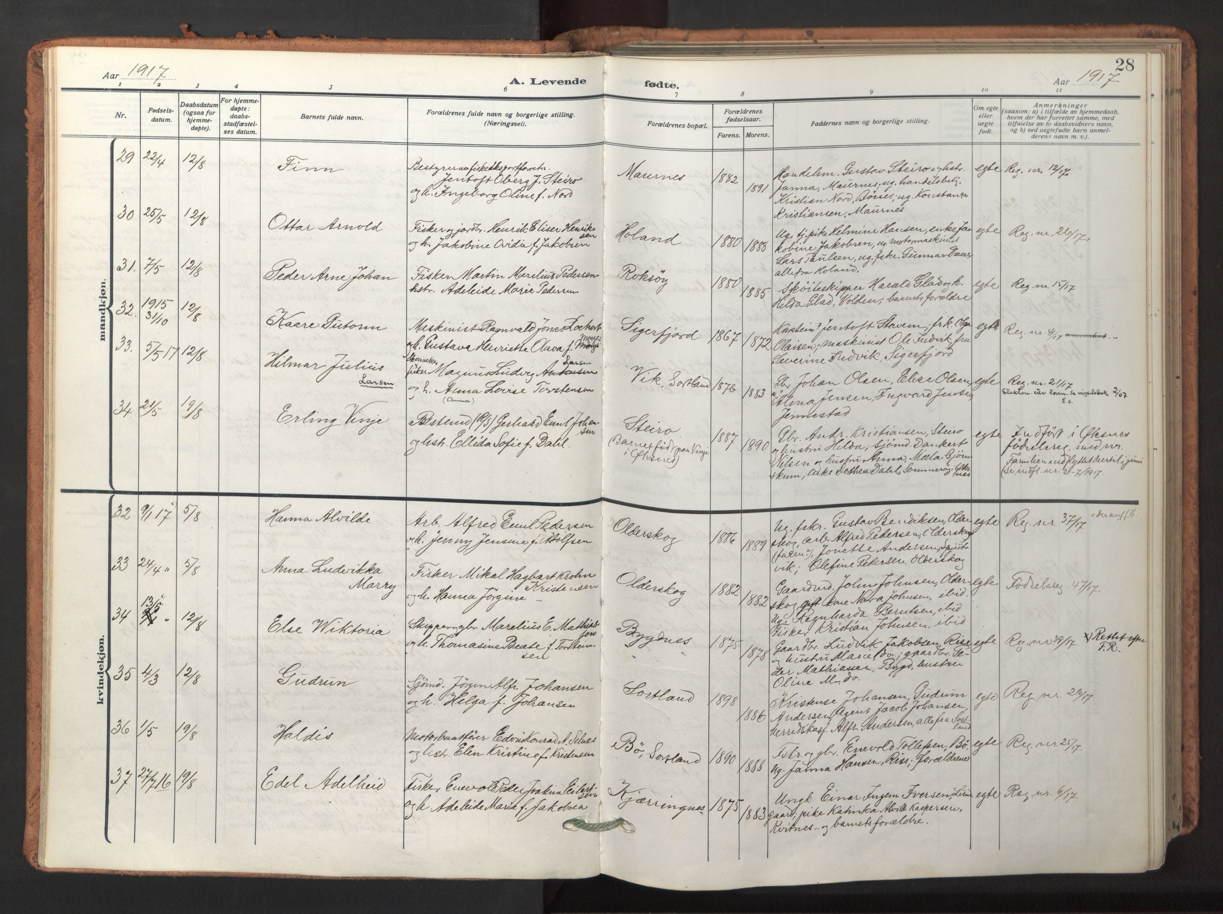 Ministerialprotokoller, klokkerbøker og fødselsregistre - Nordland, AV/SAT-A-1459/895/L1374: Ministerialbok nr. 895A09, 1915-1925, s. 28