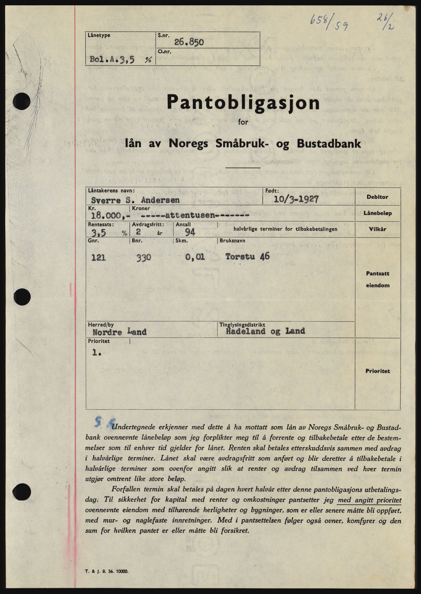 Hadeland og Land tingrett, SAH/TING-010/H/Hb/Hbc/L0040: Pantebok nr. B40, 1959-1959, Dagboknr: 658/1959