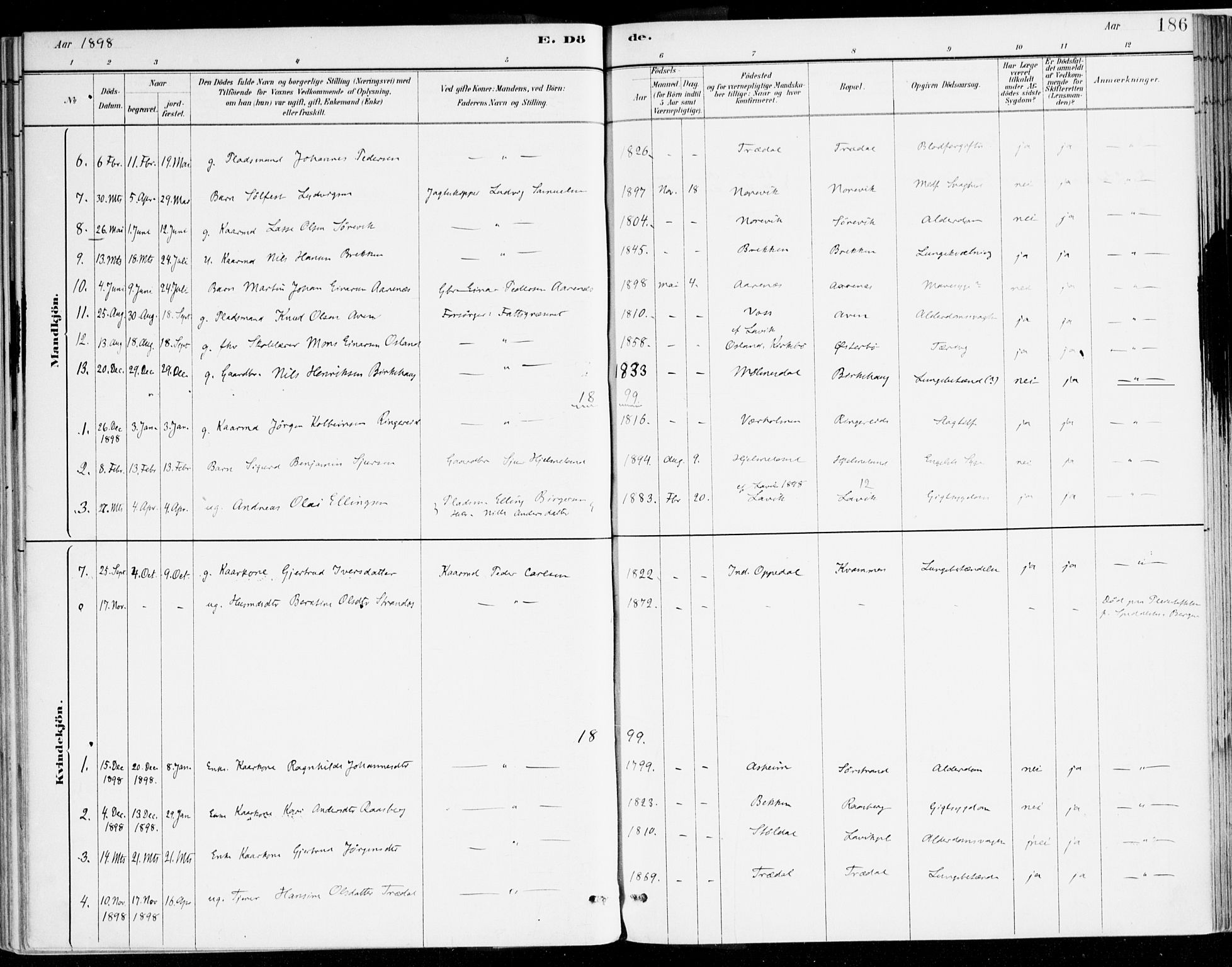 Lavik sokneprestembete, AV/SAB-A-80901: Ministerialbok nr. B 1, 1882-1908, s. 186