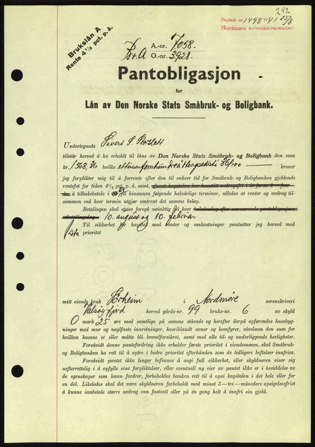 Nordmøre sorenskriveri, SAT/A-4132/1/2/2Ca: Pantebok nr. B88, 1941-1942, Dagboknr: 1498/1941