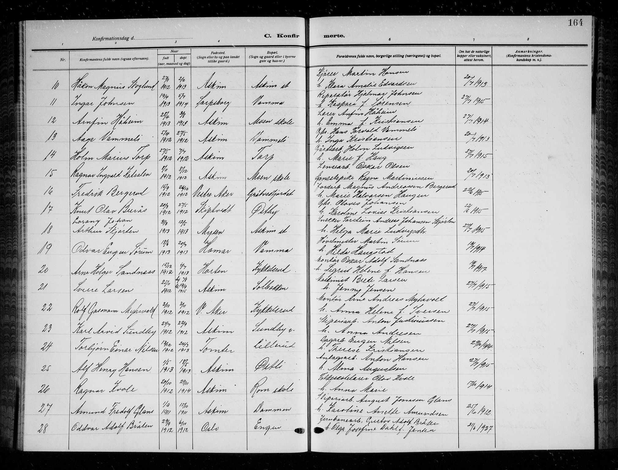Askim prestekontor Kirkebøker, AV/SAO-A-10900/G/Ga/L0003: Klokkerbok nr. 3, 1921-1937, s. 164
