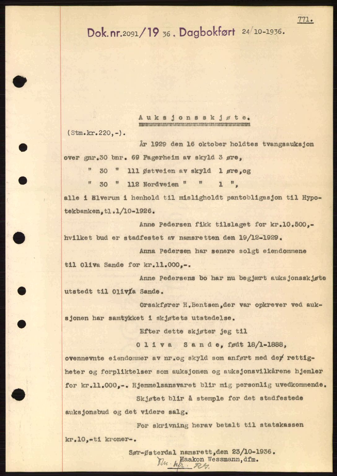 Sør-Østerdal sorenskriveri, SAH/TING-018/H/Hb/Hbb/L0054: Pantebok nr. A54, 1936-1936, Dagboknr: 2091/1936