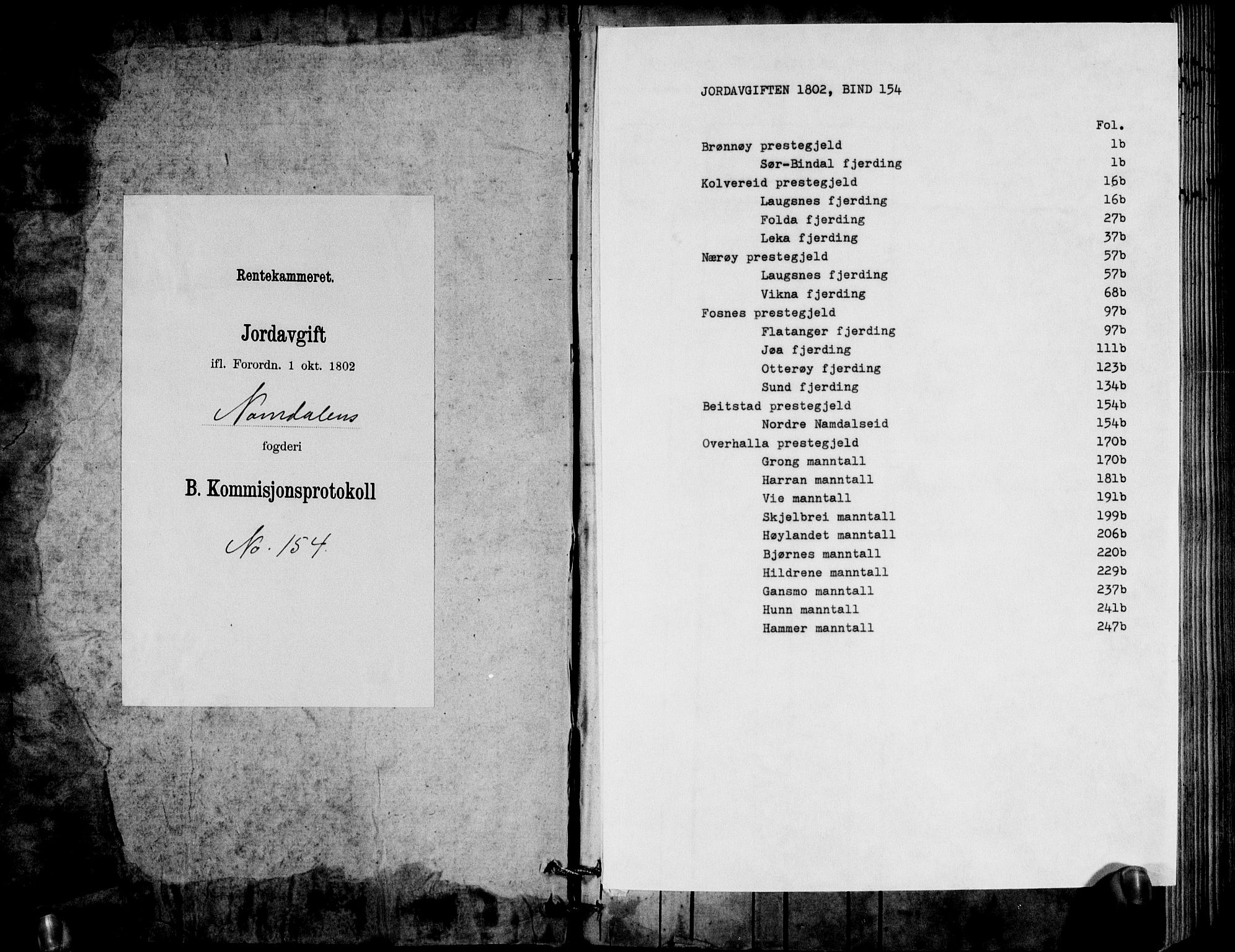 Rentekammeret inntil 1814, Realistisk ordnet avdeling, AV/RA-EA-4070/N/Ne/Nea/L0154: Namdalen fogderi. Kommisjonsprotokoll, 1803, s. 1