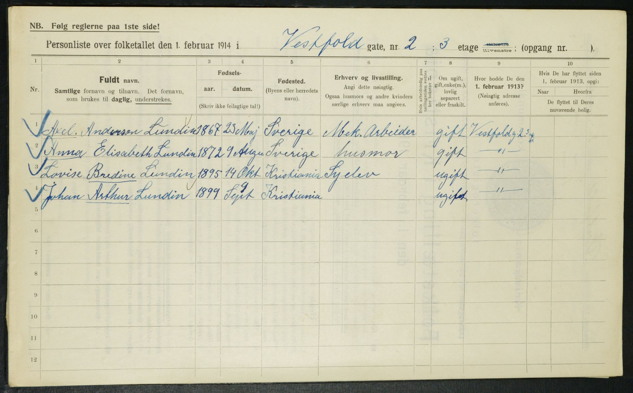 OBA, Kommunal folketelling 1.2.1914 for Kristiania, 1914, s. 123465