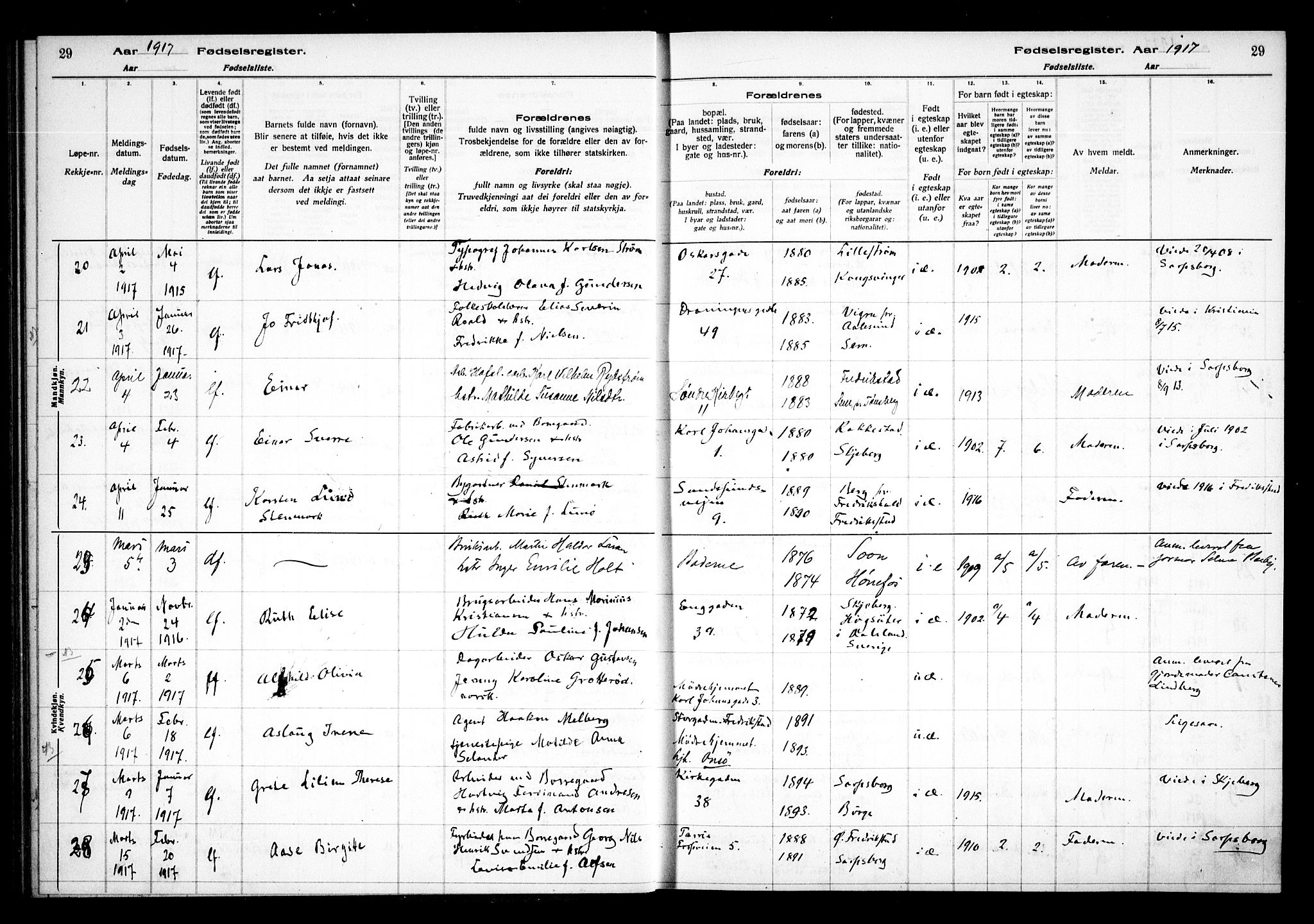 Sarpsborg prestekontor Kirkebøker, SAO/A-2006/J/Ja/L0001: Fødselsregister nr. 1, 1916-1922, s. 29