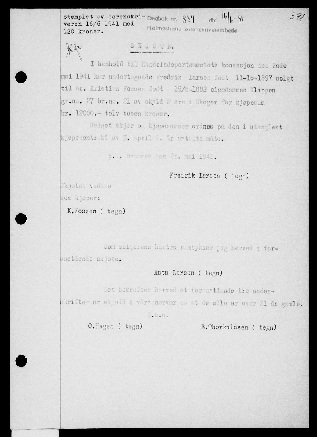 Holmestrand sorenskriveri, SAKO/A-67/G/Ga/Gaa/L0053: Pantebok nr. A-53, 1941-1941, Dagboknr: 837/1941