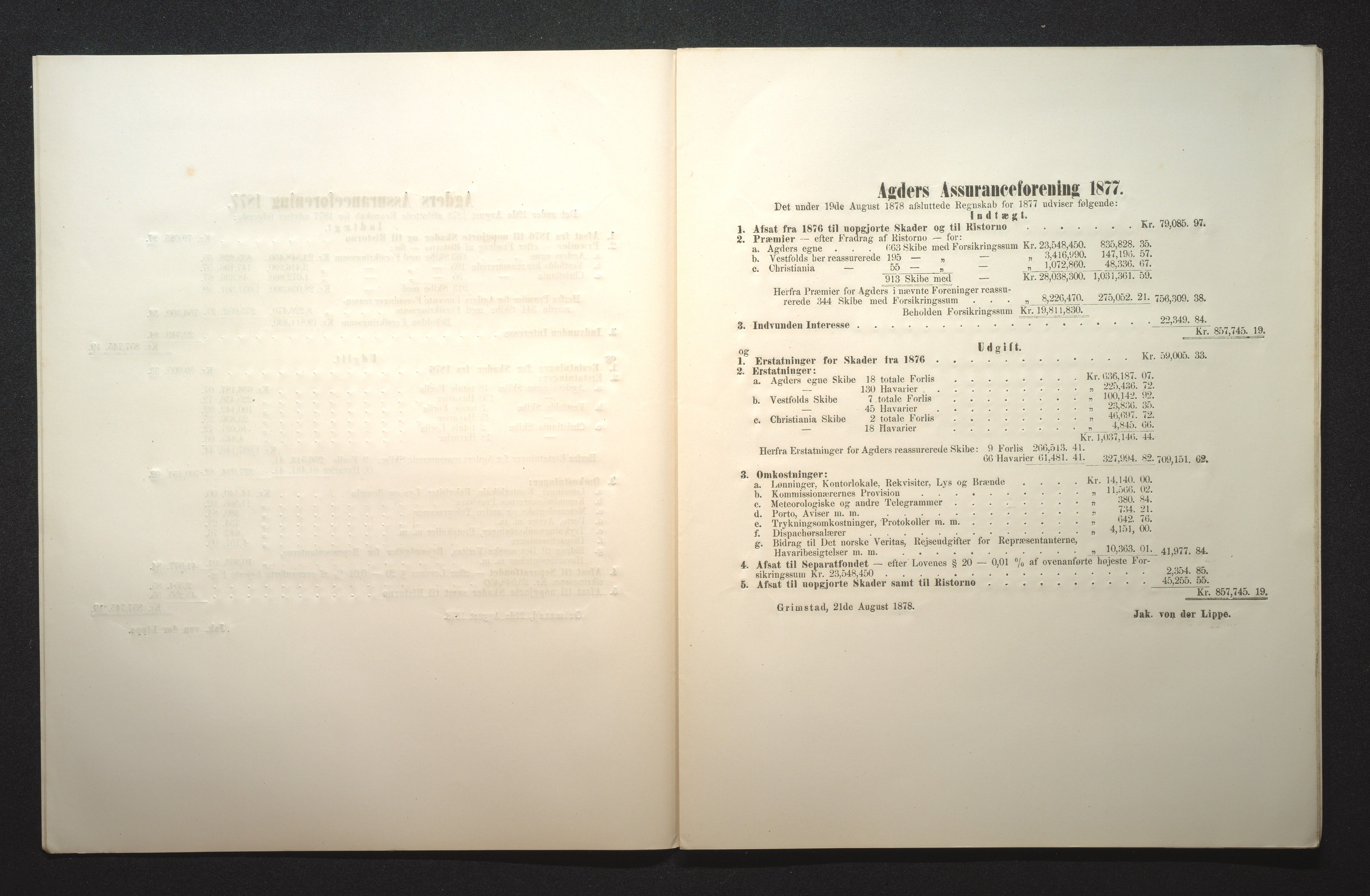 Agders Gjensidige Assuranceforening, AAKS/PA-1718/05/L0001: Regnskap, seilavdeling, pakkesak, 1855-1880