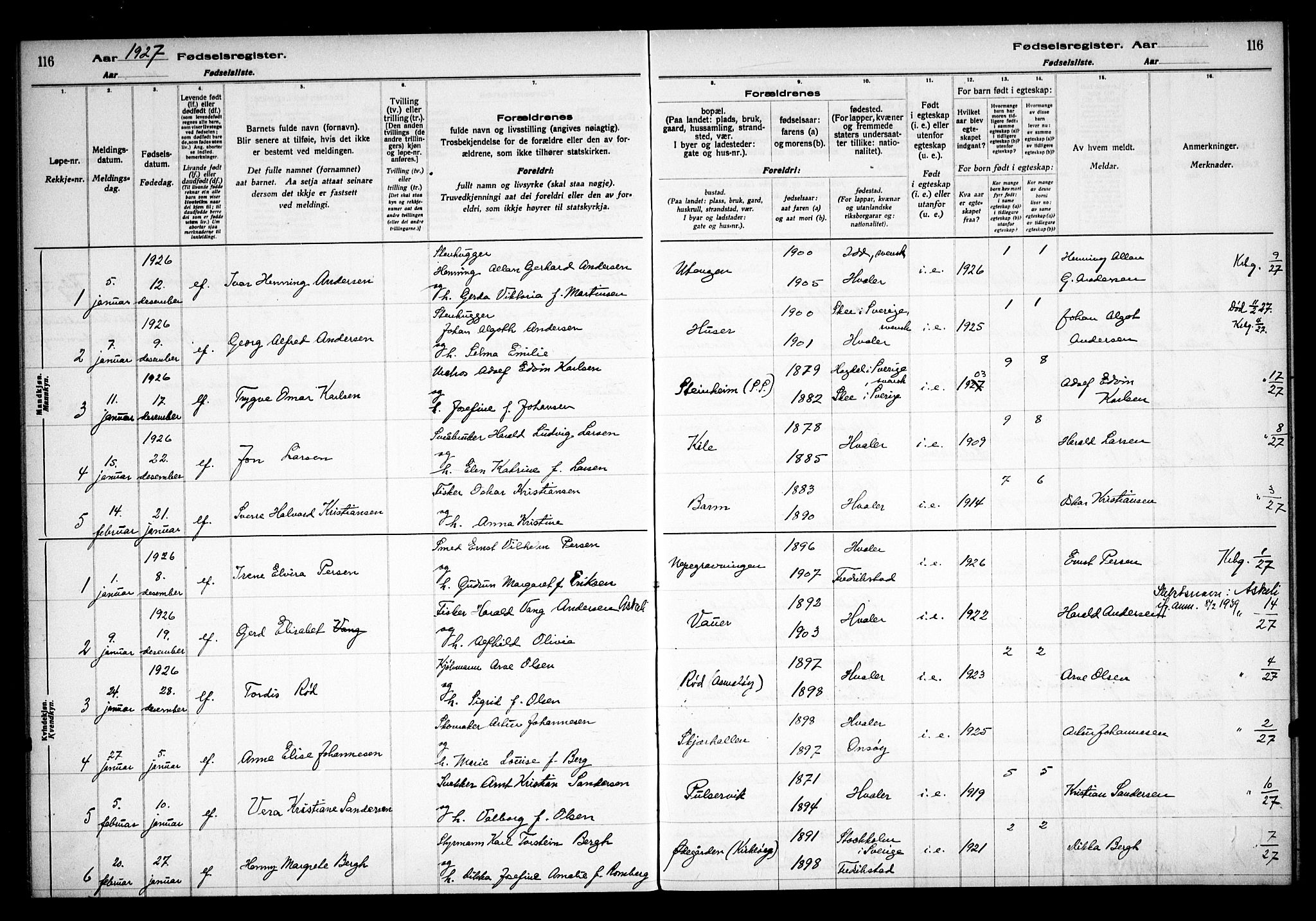 Hvaler prestekontor Kirkebøker, AV/SAO-A-2001/J/Ja/L0001: Fødselsregister nr. I 1, 1916-1938, s. 116