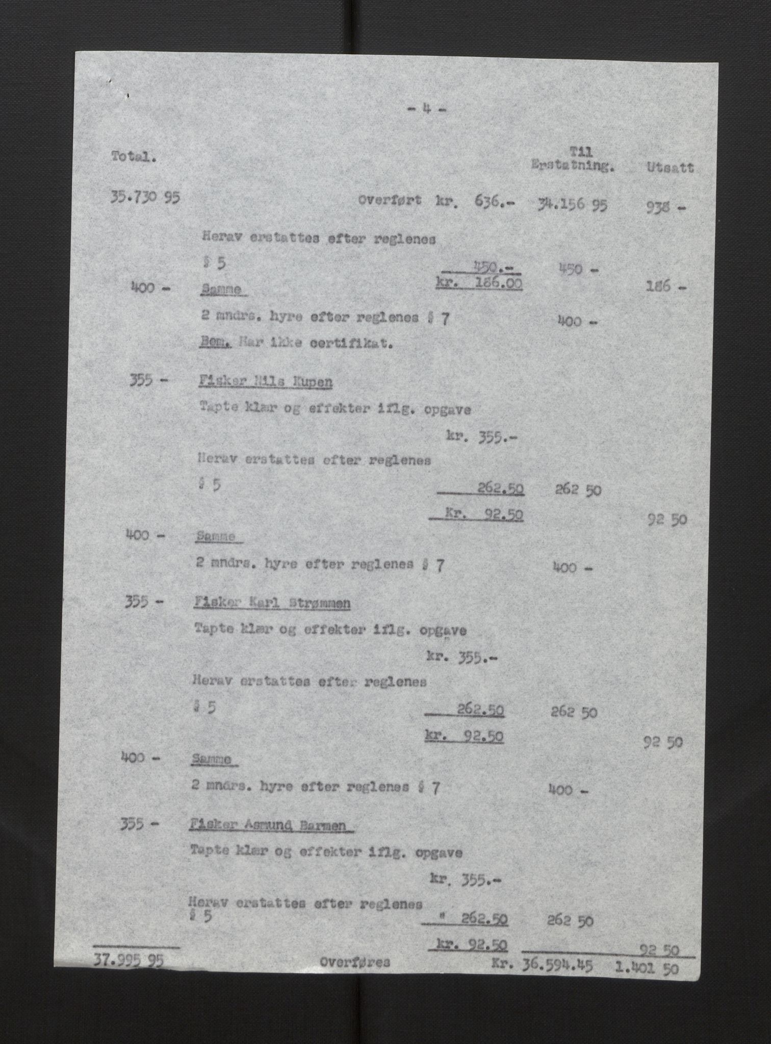 Fiskeridirektoratet - 1 Adm. ledelse - 13 Båtkontoret, AV/SAB-A-2003/La/L0058: Statens krigsforsikring for fiskeflåten, 1936-1971, s. 98