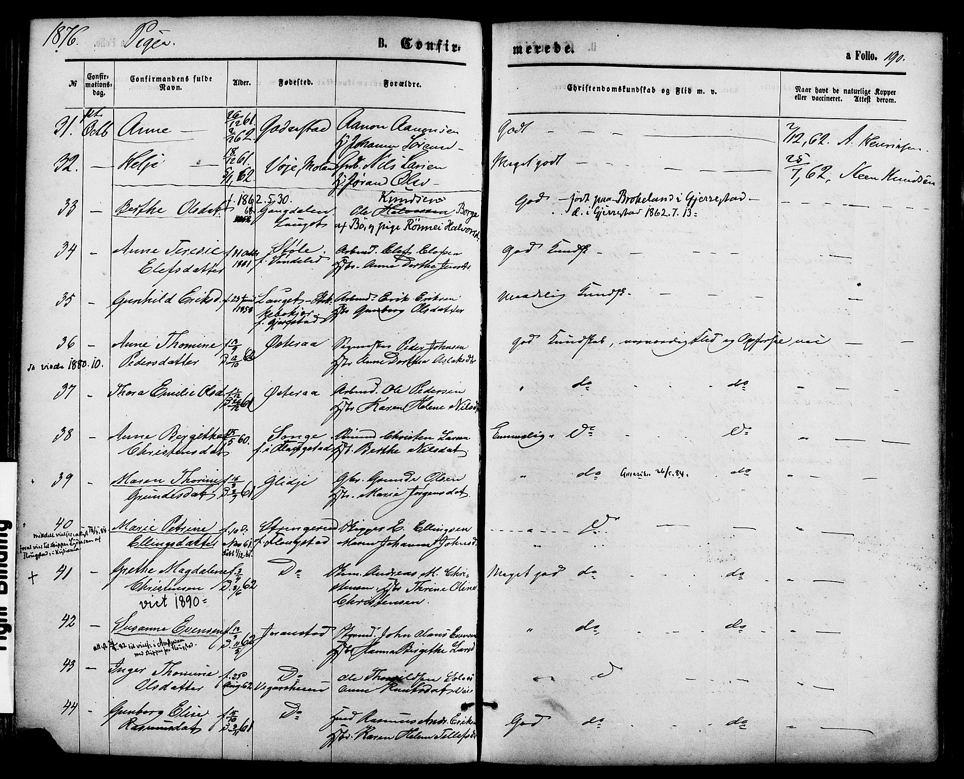 Holt sokneprestkontor, AV/SAK-1111-0021/F/Fa/L0010: Ministerialbok nr. A 10, 1872-1885, s. 190