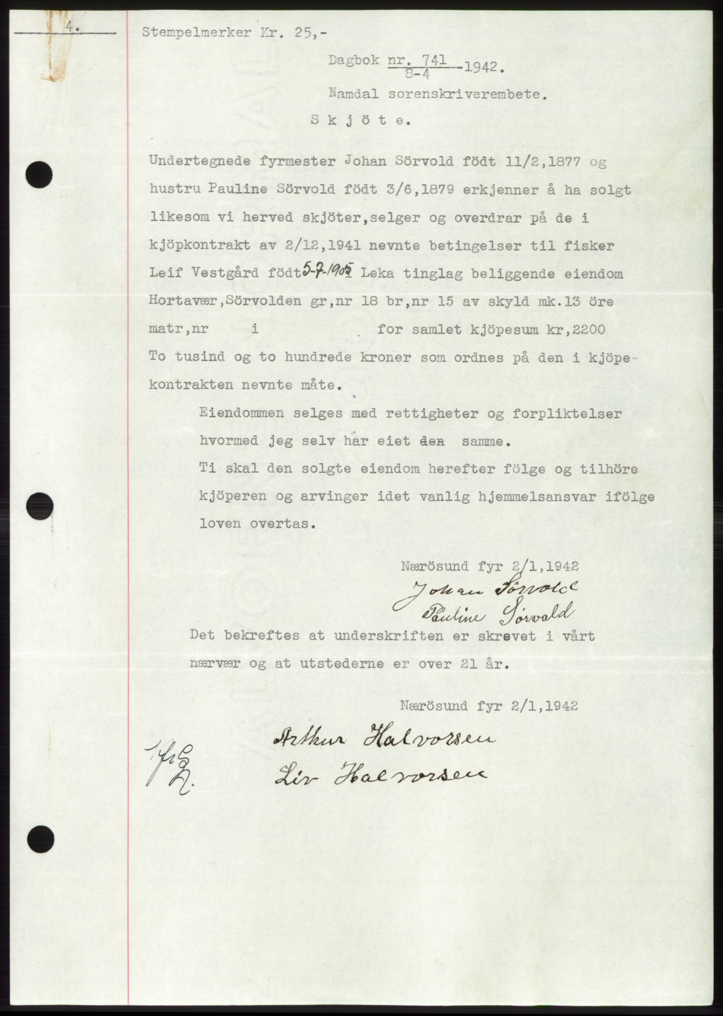 Namdal sorenskriveri, SAT/A-4133/1/2/2C: Pantebok nr. -, 1941-1942, Dagboknr: 741/1942