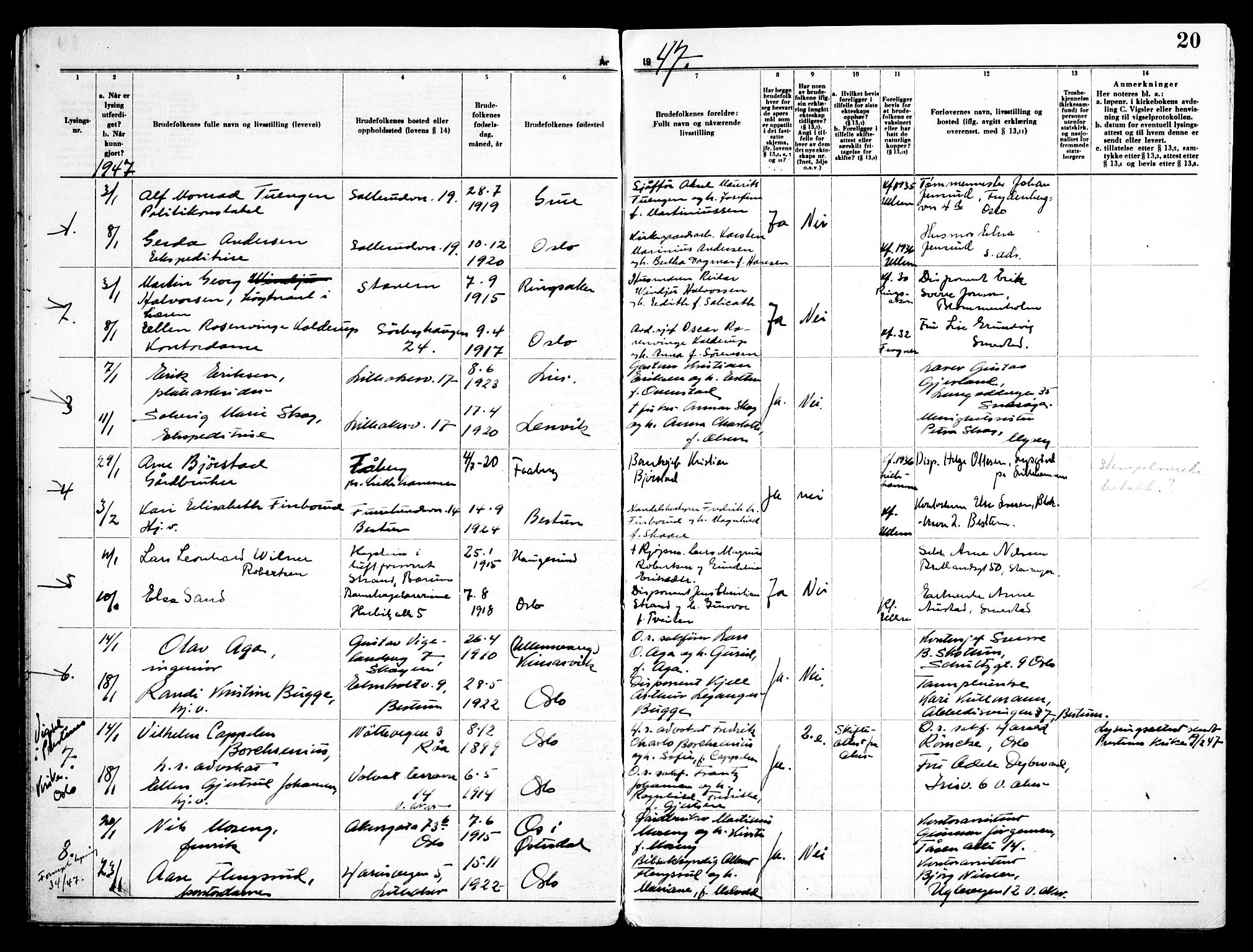 Ullern prestekontor Kirkebøker, AV/SAO-A-10740/H/L0005: Lysningsprotokoll nr. 5, 1946-1951, s. 20