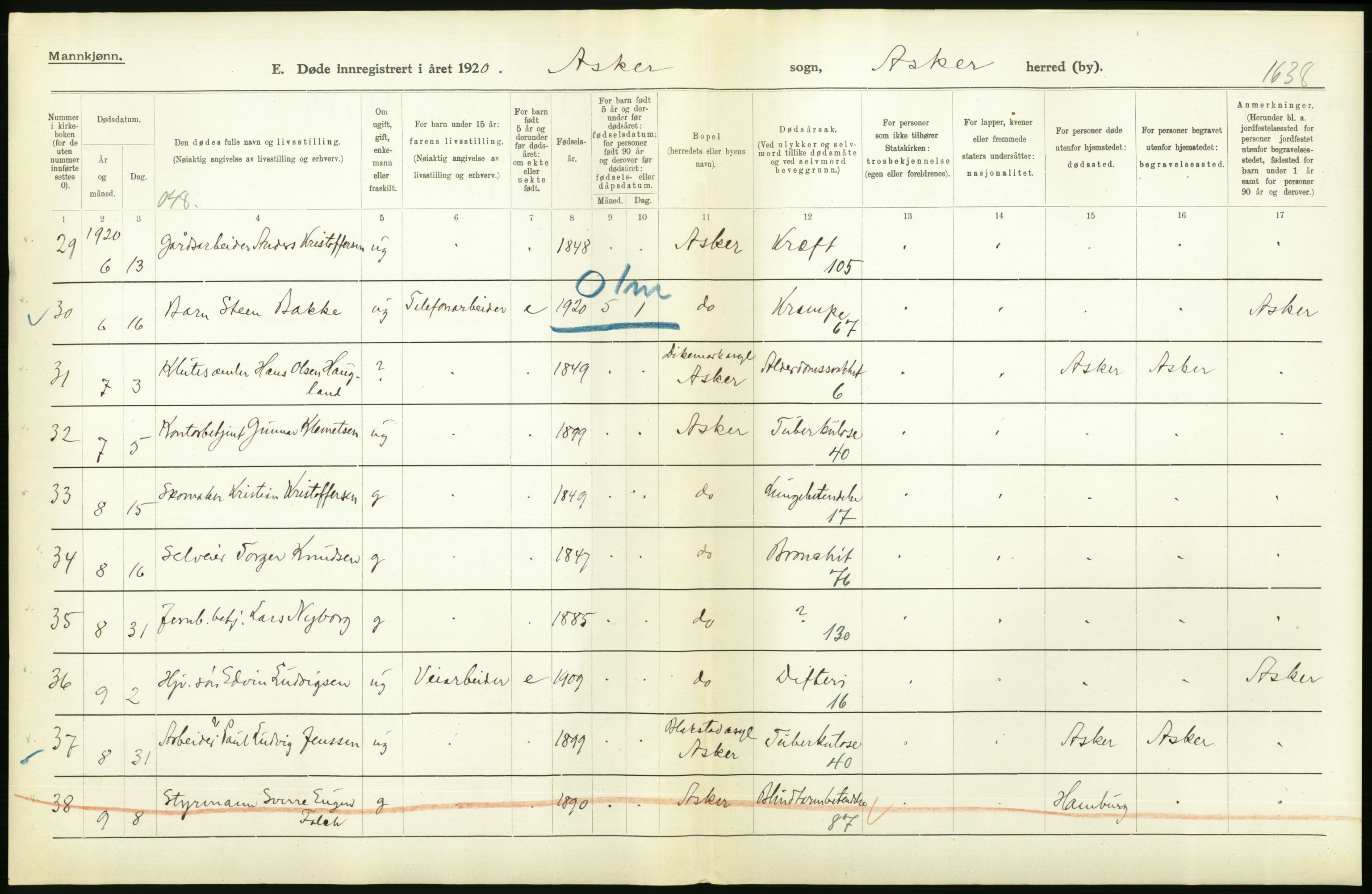 Statistisk sentralbyrå, Sosiodemografiske emner, Befolkning, AV/RA-S-2228/D/Df/Dfb/Dfbj/L0007: Akershus fylke: Døde. Bygder og byer., 1920, s. 124