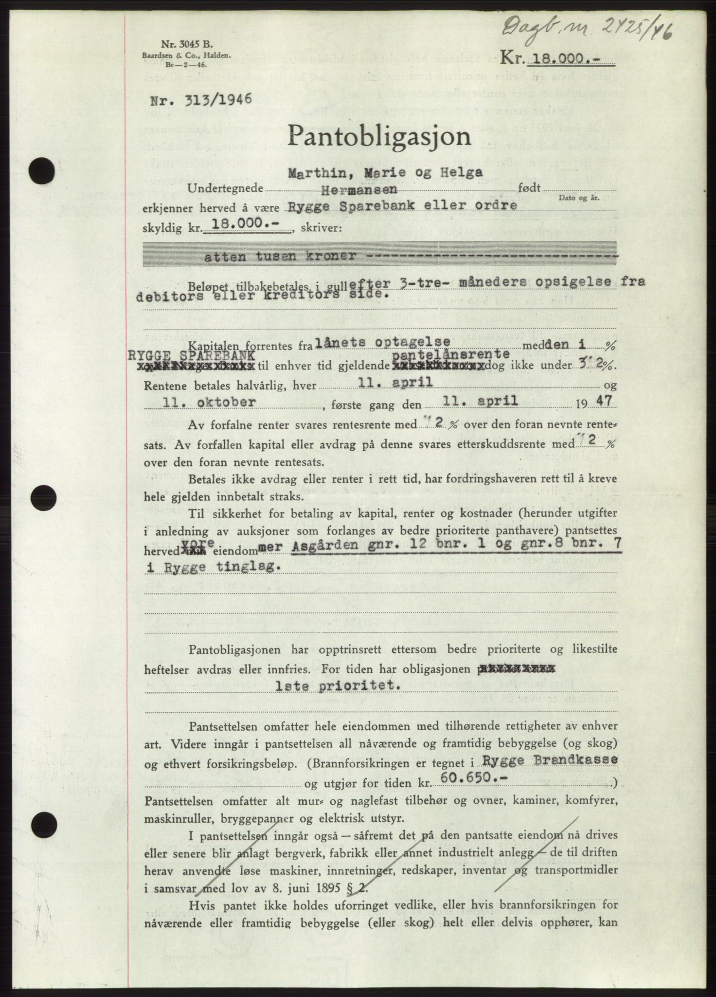 Moss sorenskriveri, SAO/A-10168: Pantebok nr. B16, 1946-1947, Dagboknr: 2425/1946