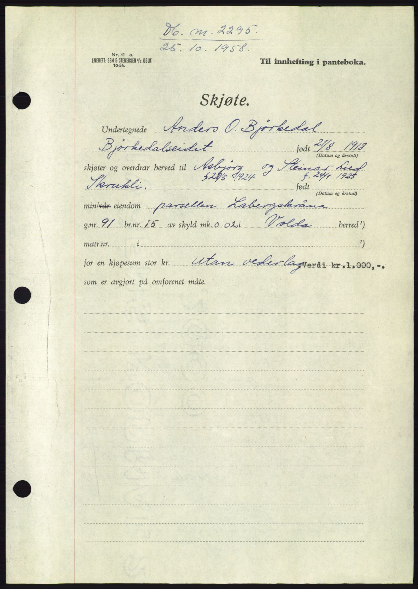 Søre Sunnmøre sorenskriveri, AV/SAT-A-4122/1/2/2C/L0110: Pantebok nr. 36A, 1958-1958, Dagboknr: 2295/1958