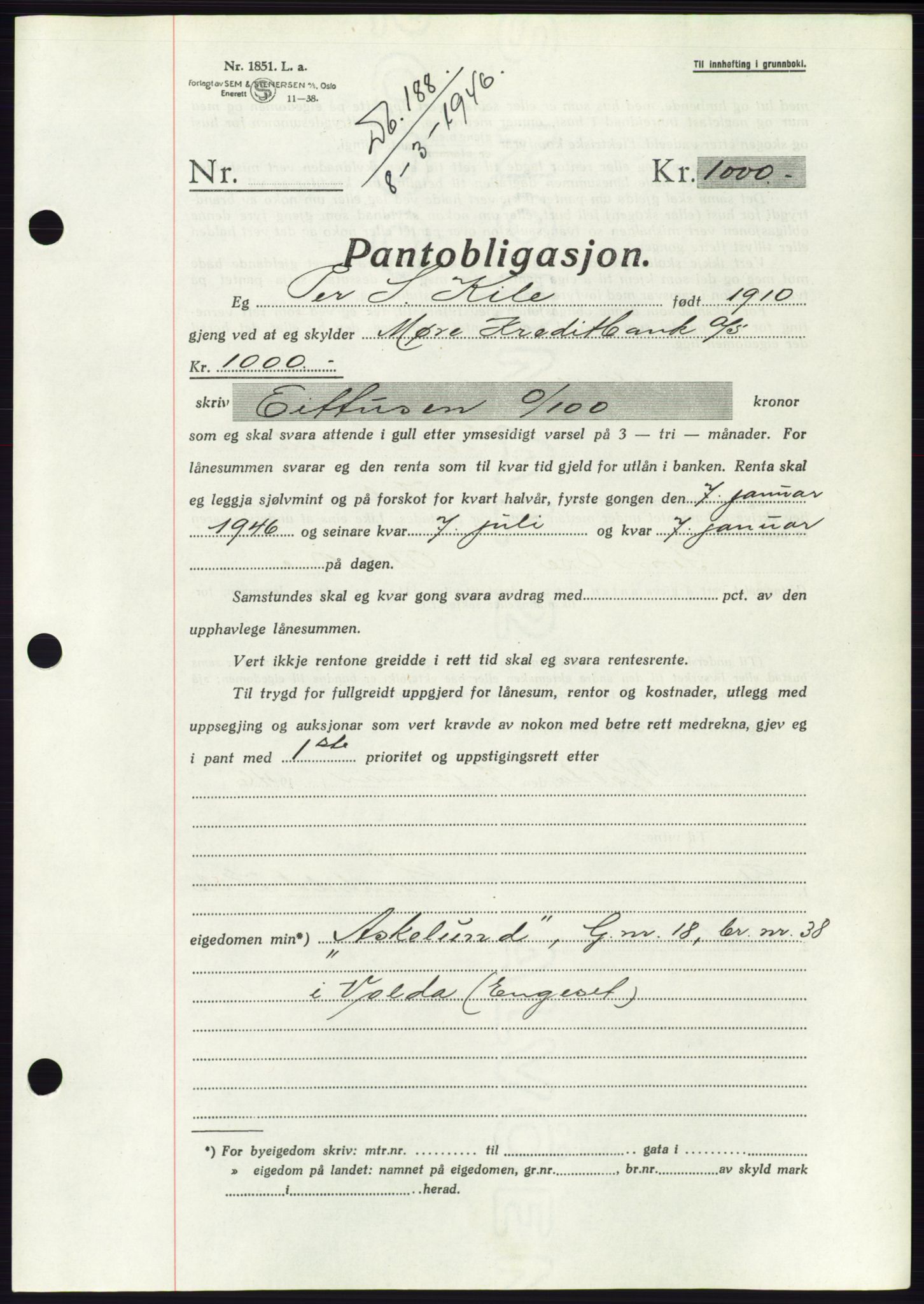 Søre Sunnmøre sorenskriveri, AV/SAT-A-4122/1/2/2C/L0114: Pantebok nr. 1-2B, 1943-1947, Dagboknr: 188/1946