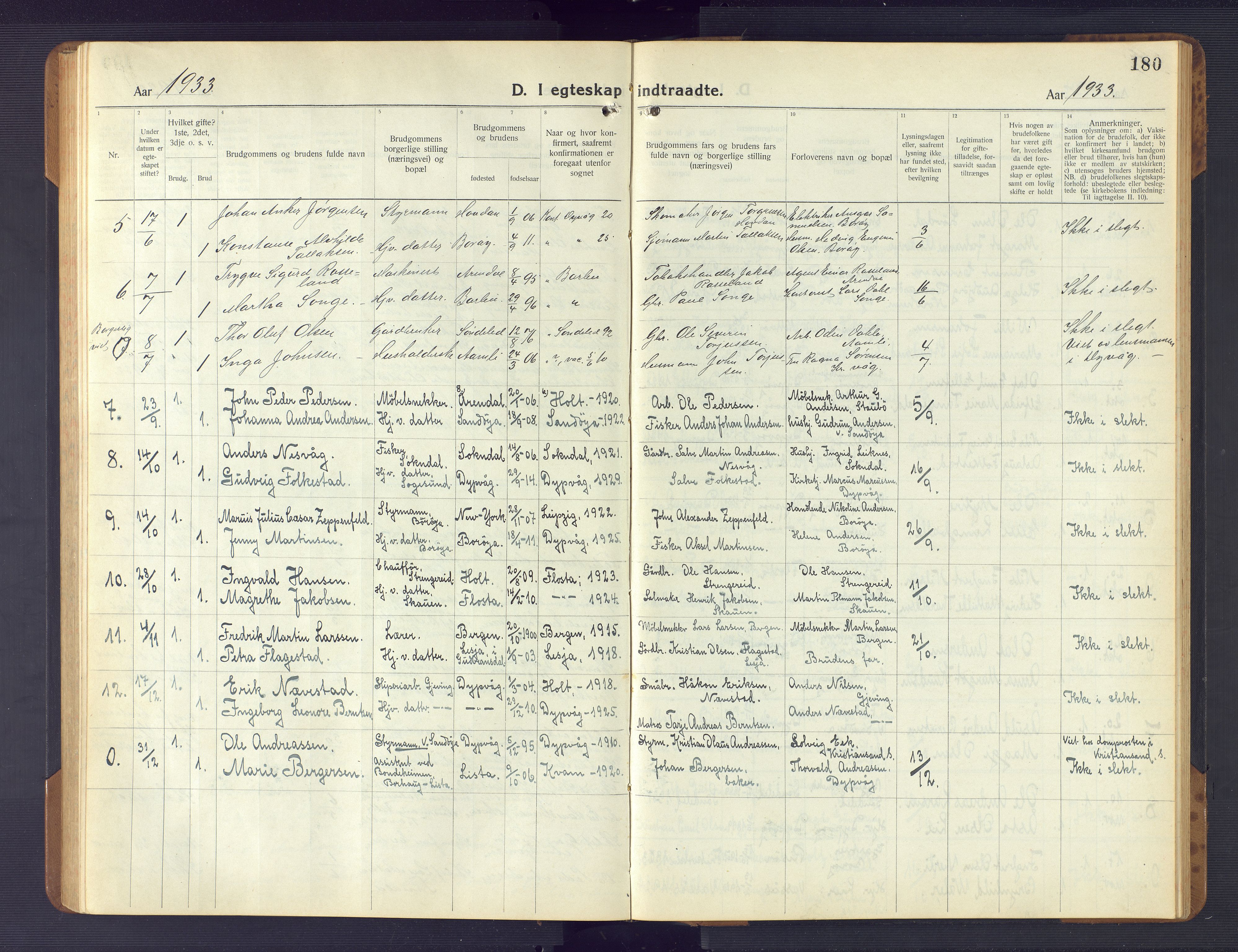 Dypvåg sokneprestkontor, AV/SAK-1111-0007/F/Fb/Fba/L0015: Klokkerbok nr. B 15, 1922-1949, s. 180