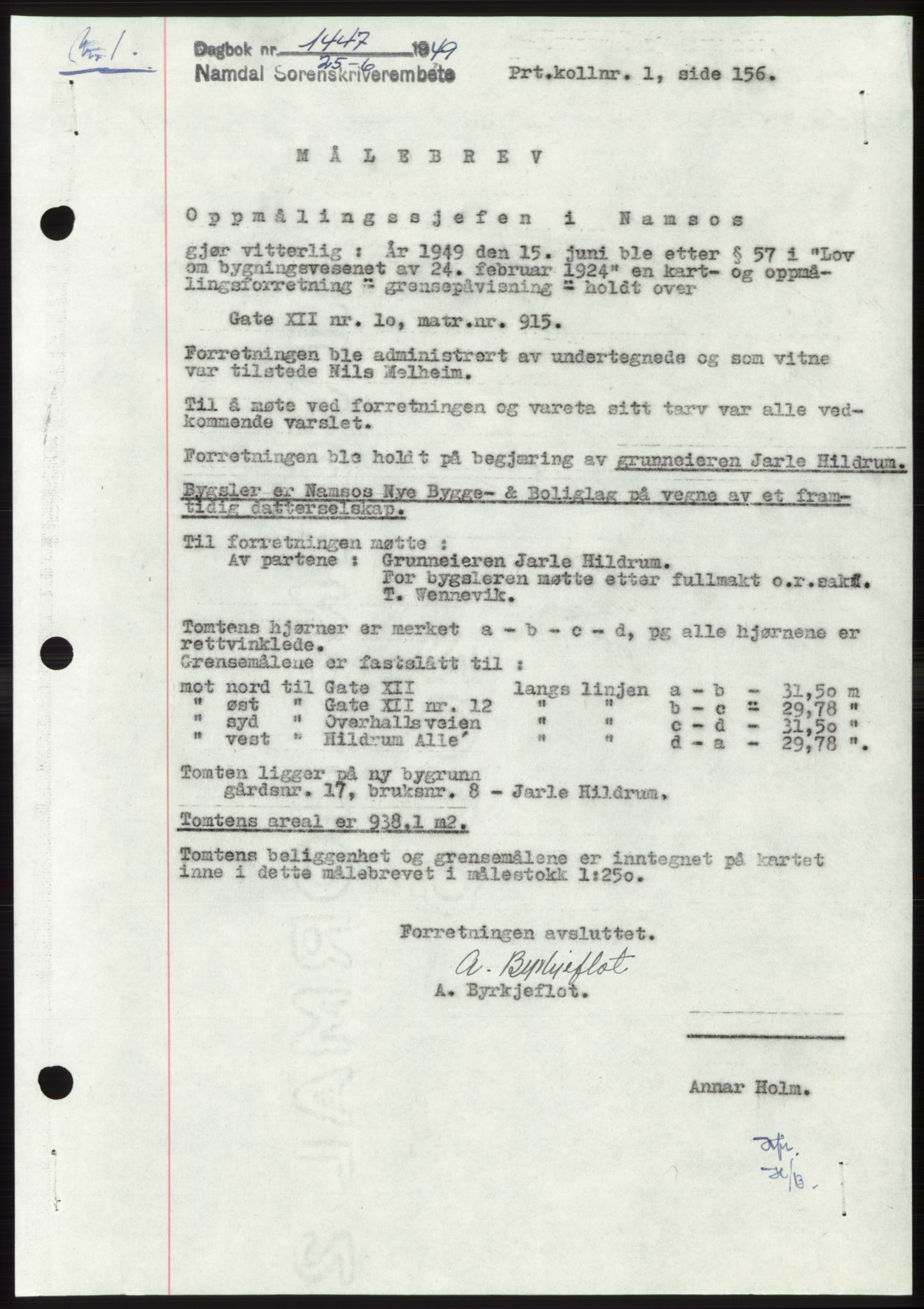 Namdal sorenskriveri, SAT/A-4133/1/2/2C: Pantebok nr. -, 1949-1949, Dagboknr: 1447/1949