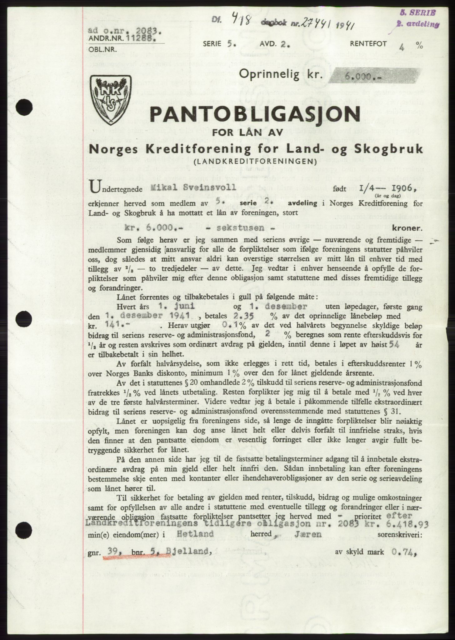 Jæren sorenskriveri, SAST/A-100310/03/G/Gba/L0080: Pantebok, 1941-1941, Dagboknr: 2744/1941