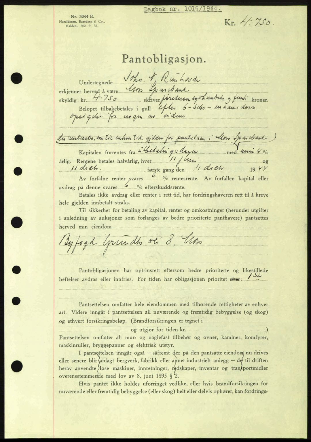 Moss sorenskriveri, SAO/A-10168: Pantebok nr. B13, 1943-1945, Dagboknr: 1015/1944