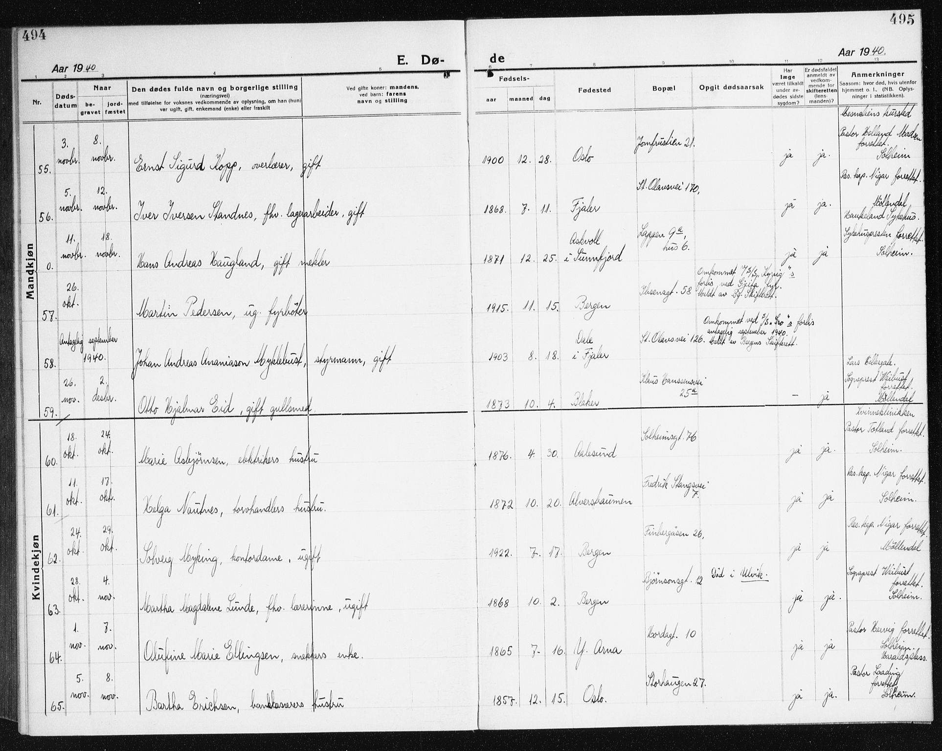 Årstad Sokneprestembete, AV/SAB-A-79301/H/Haa/L0010: Ministerialbok nr. E 1, 1921-1940, s. 494-495